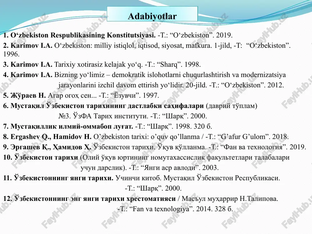 spublikasining davlat bayrog‘i 1991 yil 18 noyabr. o’zbekiston respublikasining oliy kengashi xii chaqiriq viii sessiyasida qabul qilingan 1992-yil 2-iyulda o‘zbekiston respublikasi oliy kengashining x sessiyasida “o‘zbekiston respublikasining davlat gerbi to‘g‘risida”gi qonun qabul qilindi. o‘zbekiston respublikasining davlat gerbi 1992 yil 2 iyul o’zbekiston respublikasining oliy kengashi xii chaqiriq x sessiyasida qabul qilingan sessiya o‘zbekistonning birinchi prezidenti islom karimov boshchiligida 64 kishidan iborat konstitutsiya loyihasini tayyorlash bo‘yicha komissiya tuzish to‘g‘risida qaror qabul qiladi. konstitutsiyaviy komissiya o‘zbekiston respublikasining konstitutsiyasini yaratish ustida 2,5 yil ishladi. o‘zbekiston respublikasi konstitutsiyasining qabul qilinishi 1990-yil 20-iyun kuni bo‘lib o‘tgan o‘zbekiston respublikasi oliy kengashining ii sessiyasida yangi konstitutsiya ishlab chiqish lozim, degan xulosaga kelindi. o’zbekiston respublikasi konstitutsiyasining tarkibi birinchi bo‘lim asosiy prinsiplar i bob. davlat suvereniteti. 1-6 moddalar ii bob. xalq hokimiyatchiligi. 7-14 moddalar iii bob. konstitusiya va qonunlarning ustunligi. 15-16 moddalar iv bob. tashqi siyosat. 17-modda ikkinchi bo‘lim inson va fuqarolarning asosiy huquqlari, erkinliklari va burchlari v bob. …