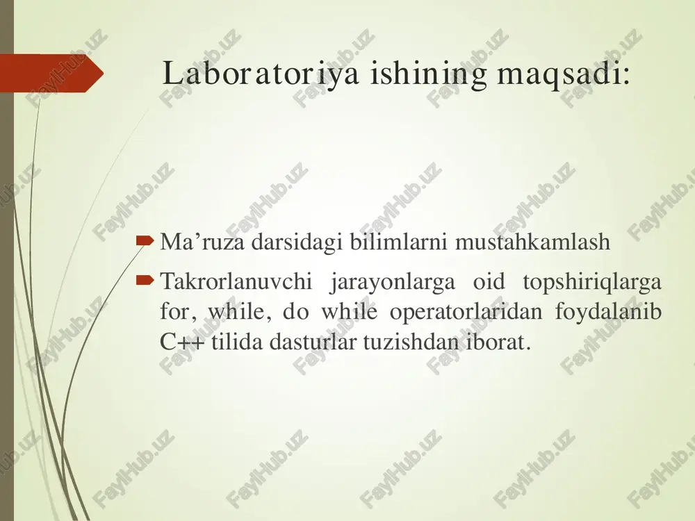 for operatori yordamidi dasturi va natijasi quyidagi topshiriqni while operatori yordamidi dasturi va natijasi berilganlarni c++ da dasturlarini tuzing. 3.0,42, log )3 2 2    bhb cb bc y 5.0,51,2 ,202,)4 2 2     xa hxh a xa ax z ;))1(ln()1 15 5     n m nmtgy     n i m k mtgnmiy 1 1 ;cos)ln()2 laboratoriya ishning topshiqlari guruh talabalariga tarqatiladi (elektron variant hemis dasturiga va @tstu_it telegram kanalida joylashtirilgan ) va har bir talaba guruhdagi tartib raqami bo’yicha topshiq variantida berilgan vazifalarni bajarishi lozim. e’tiboringiz uchun rahmat !!!