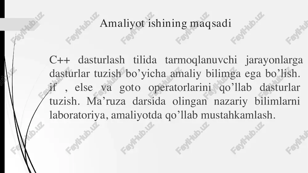 lgan shart rost bo’lsa, yozilgan operator bajariladi; agar shart yolg’on bo’lsa, keyingi qatorga o’tiladi. bu erda ko’pincha goto operatori qo’shib ishlatiladi. agar if operatoridan keyin bir nechta operatorlar kelsa, ularni alohida { } ichiga olinadi. nazariy qism 1-misol. tarmoqlanuvchi algoritmga misol sifatida quyidagi sodda masala keltiriladi: natijaviy qiymat y berilgan x ning qiytmatiga bog‘liq holda bo‘ladi: agar x≥0 shart rost bo‘lsa, tarmoq bo‘yicha y = x2 munosabatning qiymati, aks holda, y = 2x munosabatning qiymati hisoblanadi agar ( x ≥ 0 ) shart bajarilsa, u holda y= x2, aks holda y=2x. yuqoridagi misolning c++ dasturlash tilida bajarilishi 2-misol. berilgan x, y, z sonlari ichidan eng kattasini aniqlang. 3-misol. quyidagi ifoda bilan berilgan munosabatni hisoblang tarmoqlanuvchi algoritm. kvadrat tenglamani yechish berilishi: ax2+bx+c=0 boshlandi a, b, c d=b2-4ac d=0 + x=-b/2a d # include int main ( ) { float a, b, c, d, x, x1, x2; cout > a>>b>>c; d = …