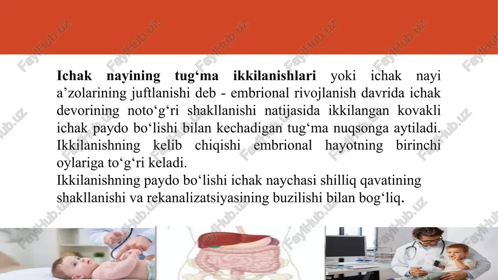 ion ichak tutilishining klinik manzarasi rivojlanadi. homiladorlik paytida enterokista atrofida ichaklar buralib qolishi ichaklaming ikkilamchi atreziyasiga olib kelishi mumkin. ko‘krak qafasiga kiruvchi divertikullarda disfagi- ya va atelektaz, bronxoektaz va nafas olishning boshqa buzilishlari kuzatiladi. yo‘g‘on ichakning ikkilanishi surunkali qabziyat bilan namoyon bo‘ladi. ‹#› rektal tekshiruv paytida bemorlarda og‘riqsiz, yumshoq elastik konsistensiyali o‘smasimon hosila paypaslanadi. to‘g‘ri ichakning ikkilanishida odatda siydik sistemasiga qo‘shilgan oqma bo‘ladi. duplikaturalaming asoratlari ichakdan qon ketishidan tashqari, ichak invaginatsiyasi ham ma’lum bo‘lib, bunday hollarda uni konservativ davolash foydasizdir. diagnostikasi. ovqat hazm qilish kovak organlari ikkilanishning diagnostikasi ko‘p hollarda juda katta qiyinchiliklarga ega. til osti kistasini boshqa etiologiyali kistalardan (ranula, limfangioma)faqat gistologik tekshiruvdan keyin farqlash mumkin. ovqat hazm qilish kovak a’zolarining pastki qismlari ikkilanishida rentgenografiya tavsiya etiladi. rentgenogrammalami juda ehtiyotkorlik bilan talqin qilish lozim. bir tomondan, soxta juftlanish ko‘rilsa, ikkinchitomondan, ikkilangan qism kontrast modda bilan tolmay, ko‘rinmay qolishi mumkin. tushunarsiz hollarda diagnostik laparotomiya qilinadi. enterokistalarni qorin bo‘shlig‘idagi kistoz hosilalardan …