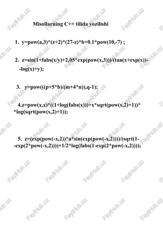 iga ega bo’lasiz. kiritish operatori c++ da standart kiritish operatsiyasi cin operatori va qo’shimcha yuklanuvchi >>operatori bilan birgalikda amalga oshiriladi. u o’qilayotgan qiymat joylashgan o’zgaruvchi-sidan avval keladi. bu misolda yosh o’zgaruvchi int tipi bilan e’lon qilinyapti va dastur qiymatni o’zgaruvchiga joylashtirish uchun uni klaviaturadan kiritilishini kutyapti. qaytish (return) tugmasi bosilgan bo’lsa, cin ma’lumotlarni faqat klaviaturadan kiritish imkonini beradi. shuning uchun, agar sizga yagona belgi - harfni cin orqali kiritmoqchi bo’lsangiz, unda qaytish tugmasi bosilmasa, bu jarayon amalga oshmaydi. chiqarish operatori cout operatori qo’shimcha yuklanuvchi << operatori bilan birgalikda foydalaniladi. <<operatori kirish operatori sifatida qabul qilingan bo’lib, shunga ko’ra cout operatori ekranga chiqaradigan ma’lumotdan avval yoziladi. yuqoridagi misolda qo’shtirnoq (“ ”) ichidagi matn qanday ko’rinishda bo’lsa, konsolga shunday holatda chiqadi. image1.png image2.png image3.png