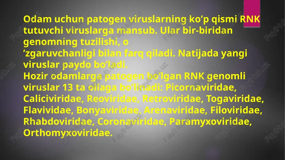 koʼtarilguncha 10-chi kun 14-chi kunida toshmalar toshadi toshmalar bosh kismdan boshlanadi temperatura koʼtarilishi 7-8 kun davom etadi asorati: bronxit, pnevmoniya, otit qizamiq kasalligida sklerit va konʼyunktivit immuniteti kasallikdan soʼng qatʼiy immunitet qoladi laboratoriya diagnostikasi 95 % kasallarda ogʼiz lunjida filatov – koplik dogʼlari uchraydi if qoʼllaniladi burun - halqumdan yuvindi olinib hujayra kulturasiga yuqtiriladi va virus ajratib olinadi serologik usul: ifa, kbr, nr, gatr ortomikroviruslar oilasi gripp — virus tabiatli o’tkir infektsion respirator (nafas yo’llari) kasalligidir. gripp virusi juda yuqumli — ya’ni, uning ko’p hollarda inson tanasiga kirishi kasallikning rivojlanishiga olib keladi. kasallik tana haroratining ko’tarilishi bilan birga kechadi va ko’pincha 3-5 kundan umumiy holat yaxshilanadi. paramikroviruslar oilasi gripp (frans. grippe), inflyuensa ((ital. inﬂuenza, lot. inﬂ uo – tarqalaman) – 1780—82-yilarda gripp yoppasiga tarkalganda unga berilgan nom.) – keng tarqalgan oʻtkir yuqumli virusli kasallik boʻlib, intoksikatsiya va yuqori nafas yoʻllari shilliq qavatini zararlanishi bilan kechadi[1] yaqqol intoksikatsiya kuzatiladi, nerv va …
