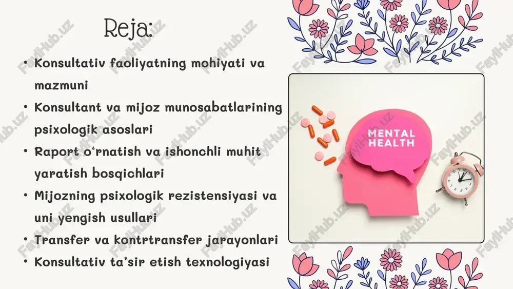 ort o‘rnatish va ishonchli muhit yaratish raport – konsultiv jarayonning eng muhim boshlang‘ich bosqichi. bu o‘zaro ishonch, yaqinlik, bir-birini tushunish holati sifatida qaraladi. raport yaratish usullari: faol tinglash: “ha, tushunaman…”, “demak, siz…”. neverbal moslashuv: tana holati, ohang, ritm. qayta so‘zlab berish: mijoz fikrini qayta ifodalash orqali uni tasdiqlash. shartsiz qabul qilish: ayblamaslik, baholamaslik. mijozning psixologik rezistensiyasi va uni yengish rezistensiya – mijozning o‘zgarishga yoki muammoni ko‘rishga bo‘lgan ichki qarshiligi. sabablari: himoya mexanizmlari (freyd) qo‘rquv, xavotir eski xulq-atvorni o‘zgartirish qiyinligi ichki ziddiyatlar (konflikt) rezistensiyani yengish usullari: yumshoq savollar berish (“sizningcha bu holatga nima ta’sir qilgan bo‘lishi mumkin?”) motivatsion intervyu texnikalari validatsiya (mijozning hislarini tan olish) bosqichma-bosqich yondashuv transfer va kontrtransfer transfer — mijozning o‘tmishdagi his-tuyg‘ulari va tajribalarini konsultantga proyeksiya qilishi. kontrtransfer — konsultantning mijozga bo‘lgan hissiy reaksiyasi. tahlil qilish zaruriyati: agar bu jarayonlar nazorat qilinmasa, maslahat sifati pasayadi. konsultant “metapozitsiya” dan — vaziyatga yuqoridan qarash qobiliyatiga ega bo‘lishi kerak. konsultiv jarayonda …
