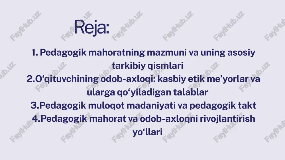 ‘g‘ri, madaniyatli va ijobiy ruhdagi kommunikatsiyasidir. muloqot madaniyatida quyidagilar muhim: aniq va ravon nutq; emotsional muvozanat; faol tinglash; o‘quvchi shaxsiga yo‘naltirilgan yondashuv. pedagogik takt esa o‘qituvchining nozik vaziyatlarda to‘g‘ri yo‘l tutishi, o‘quvchini ranjitmasdan tartibga chaqirishi yoki xatoni tuzatishidir. takt o‘qituvchining professionalligini belgilovchi eng muhim fazilatlardan biridir. o‘qituvchining odob-axloqi kasbiy faoliyatning ma’naviy asosini tashkil etadi. etik me’yorlar o‘qituvchining xulq-atvori, o‘quvchi va ota-onalarga munosabati, bilim berish jarayonidagi burchi va mas’uliyatini belgilaydi. pedagogik taktning asosiy talablari: o‘quvchini kamsitmaslik; tanqidni konstruktiv qilish; muammoni shaxsga emas, xulqqa qaratish; insoniy qadriyatlarga tayanish. pedagogik mahorat va odob-axloqni rivojlantirish yo‘llari 1. o‘z ustida muntazam ishlash o‘qituvchi kasbiy adabiyotlarni o‘qib borishi, yangiliklarni kuzatishi, o‘z mahoratini takomillashtirishi zarur. 2. pedagogik refleksiya dars jarayonini tahlil qilish, kamchilik va yutuqlarni yozma yoki og‘zaki ravishda baholash o‘qituvchining o‘sishiga yordam beradi. 3. tajriba almashish ustoz-shogird tizimi, seminarlar, treninglar va master-klasslar o‘qituvchilar professionalligini oshiradi. 4. etik kodeksga amal qilish maktabning ichki etik qoidalariga, pedagogik axloq …