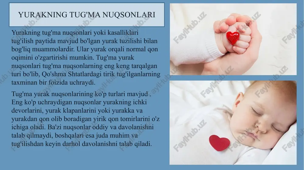 keladi. kichikroq tug'ma yurak nuqsonlari bolalikdan keyin topilmasligi mumkin. katta yoshdagi bolalarda tug'ma yurak nuqsonlari belgilari quyidagilardan iborat bo'lishi mumkin: jismoniy mashqlar yoki mashg'ulotlar paytida osongina nafas qisilishi. jismoniy mashqlar yoki mashg'ulotlar paytida juda oson charchash. jismoniy mashqlar yoki mashg'ulotlar paytida hushidan ketish. qo'llar, to'piqlar yoki oyoqlarda shish. epidemiologiya tug'ma yurak kasalligining paydo bo'lishi 1000 tirik tug'ilgan chaqaloqning 6 dan 13 gacha. hipoplastik chap yurak sindromi, univentrikulyar yurak kasalliklarining eng keng tarqalgan shakli 10 000 tug'ilishdan 2-3 tasida kuzatiladi, erkaklarda esa ko'proq. trikuspid atreziyasi har 10 000 tirik tug'ilgan chaqaloqning 1 tasida uchraydi. ebshteyn anomaliyasi jinsga moyillik bilan 10 000 tirik tugʻilgan chaqaloqning taxminan 0,5 tasida uchraydi. biroq, onaning lityumdan foydalanishi bilan ebshteyn anomaliyasi qariyb yetti baravar oshishi mumkin. ikkita chiqish o'ng qorincha 10 000 tirik tug'ilgan chaqaloqqa 0,009 holatda uchraydi. chap qorinchaning qo'sh kirishi 10 000 tirik tug'ilgan chaqaloqqa 0,01 gacha bo'ladi. atrioventrikulyar kanal nuqsoni har 10 000 tirik …