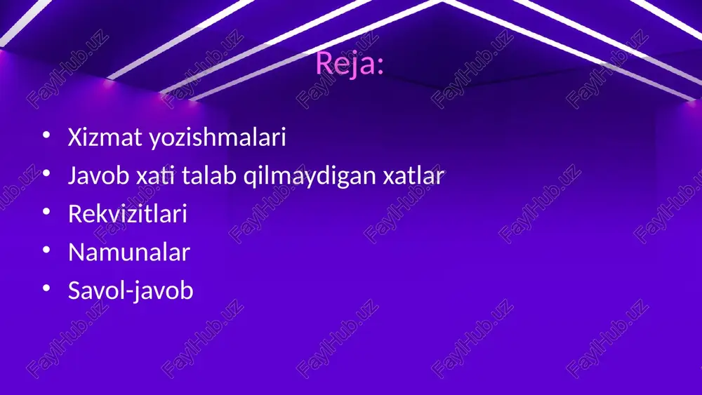 ko' plik sonda shakllantirilishi lozim; matn sarlavhasi bir jumla shaklida ikki qatordan oshmasligi, «to' g'risida» yoki «hagida» ko'makchilari orqali tugatilishi kerak («institut sport maydonini ta'mirlash to'g'risida» kabi); matnda xizmat xatining turi, nomi yozilmaydi, xatning qandayligi matn mazmunida aks etishi zarur. rasmiy xatlarda bayon gilingan fikr mantiqiy ichillikda itodalanishi, yetarli dalflar bilan asoslanishi va xulosalanishi lozim. zarur holatlarda o'rinli taklif yoki e'tiroz bildirilishi mumkin. ammo mutasaddi rahbarga nisbatan hurmat saqlanishi, murojaat odobiga amal qilinishi zarur. this presentation uses a free template provided by fppt.com www.free-power-point-templates.com shu maqsadlarda: - rahbarga murojaat shakli «siz» so'zini bosh harfda yozish orqali ifodalanadi (sizga, sizdan kabi); - fikriy bog 'liqlik «bu», «ushbu», «mazkur», «shu sababli», «shunga ko'ra (muvofiq)» kabi so'zlar yordamida ta' minlanadi; - taklif va e'tirozlar «bizningcha», «shartnomaga ko'ra», «biroq», «shu bilan bir qatorda», «deb o' ylaymiz» kabi so'z va so'z birikmalari orqali ifodalanadi. shaxsiy xatlar vazifasi va mazmuniga ko'ra ikki turli bo'ladi. kundalik turmushda, …