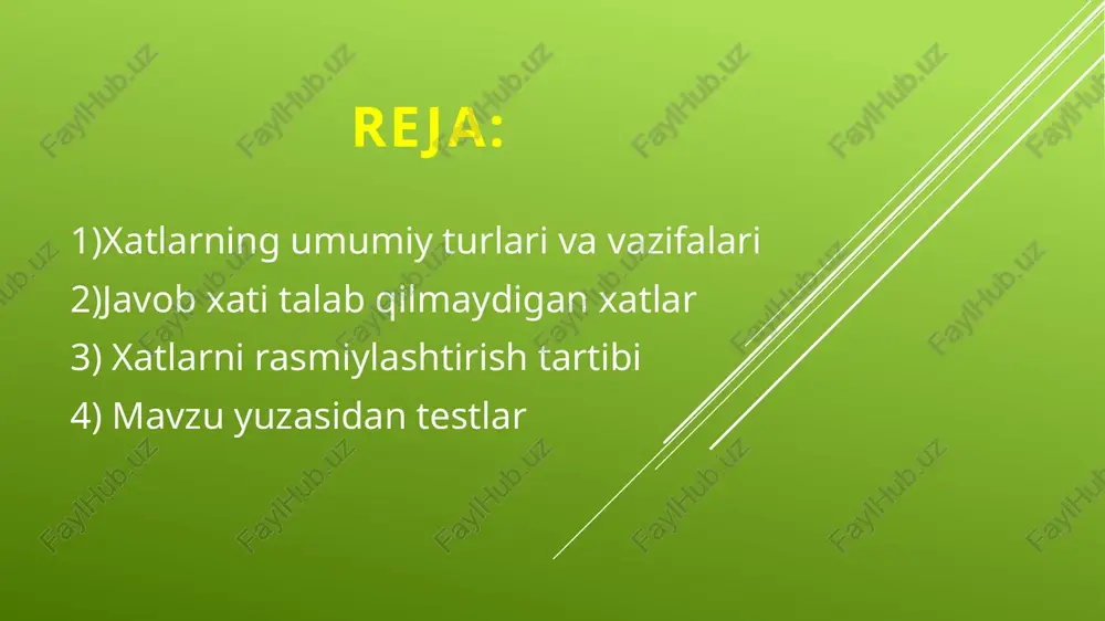 xatlardan ko’zlangan maqsad ma’lum tashkilat yoki shaxsni amalga oshiralayotgan tadbirdan xabardor qilishdir. axborot xatlarining hajmi oddiy ma’lumotnoma ko’rinishida bo’lib, bir jumladan bir necha sahifagacha bo’lishi mumkin. ba’zan axborot xatlardan ayrim tashkilotlar o’z faoliyatini targ’ib qilish maqsadida ham foydalanadilar. eslatma xati – jo’natilgan iltimos va so’rov xatlarga javob olinmasa shuningdek, tuzilgan shartnomalar muddati buzilganda yoki unga amol qilmagan xollarda eslatma xat yuboriladi. mazkur xatlar mazmun jixatdan uncha katta bo’lmaydi . ular ma’zmun va hajmi jixatdan telegarammaga yaqin turadi. xatarni rasmiylasht tartibi xizmat xatlari odatda xatlar uchun tayyorlangan bosma ish qog’ozlariga yoziladi. maxsus bosma ish qog’ozlari bo’lmagan hollarda xizmat xatlari xos ish qog’ozga yoki oddiy qog’ozga yoziladi. xat oddiy qog’oz varaqqa yozilsa . unung chap tomonidagi yuqori burchagiga xat jo’natilayotgan muassasa nomiga to’rtburchak muxr qo’yiladi. zaruriy qismlari burchakda joylashgan bosma yoki xos ish qog’ozlarida zaruriy qism avval o’zbek tilida, so’ng uzunzsiga(bo’yiga) joylashgan bosma ish qog’ozlarida ular chap tomonida o’zbek tilida. o’ng tomonida …