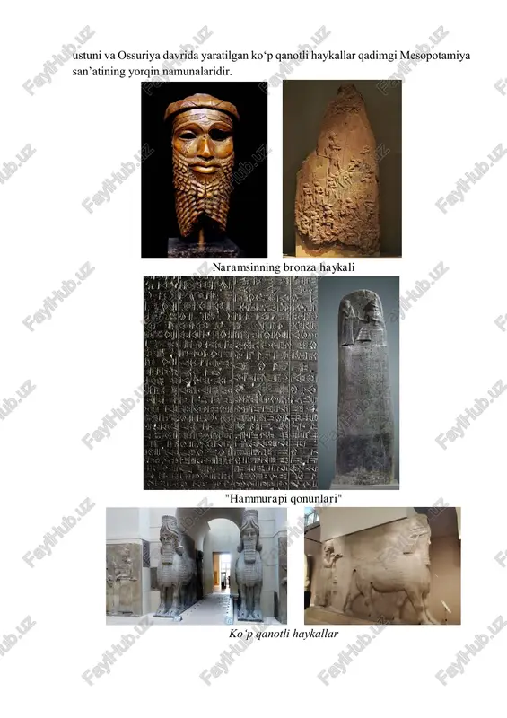 isr san’ati ham diniy va davlat tuzilmasi bilan bog‘liq bo‘lgan ulkan monumental asarlar orqali ajralib turadi. misr san’ati asosan ilohiy podshohlik va o‘limgacha bo‘lgan hayotni aks ettirgan. eng muhim arxitekturaviy inshootlar qatoriga piramidalar, ibodatxonalar va maqbaralar kiradi. piramidalar fir’avnlar uchun abadiy hayot timsoli sifatida qurilgan bo‘lib, eng mashhurlari giza piramidalari hisoblanadi. misr san’atida tasviriy san’at o‘ziga xos qoidalar asosida yaratilgan. har bir obraz aniq belgilangan qoidalarga binoan tasvirlangan: odamning yuzi profilda, tanasi esa old tomondan ko‘rsatilgan. haykaltaroshlik va rel’eflarda xudolar, fir’avnlar va marosimlar tasvirlangan. misr haykaltaroshligi rasmiylik, simmetriya va monumentalizmga asoslangan bo‘lib, odatda haykallar fir’avnlarni xudolar bilan tenglashtiruvchi ko‘rinishda ishlangan. misrdagi karnak va luksor ibodatxonalari, tutankhamon maqbarasi qadimgi misr san’atining eng yirik yodgorliklari hisoblanadi. piramidalar misr san’atida tasviriy san’at misrdagi karnak ibodatxonasi misrdagi luksor ibodatxonasi c. qadimgi hind vodiysi san’ati qadimgi sharq madaniyatining muhim qismlaridan biri bu hind vodiysidagi harappa va mohenjo-daro madaniyatlaridir. ushbu hududda rivojlangan san’at shakllari ko‘proq keramika, …