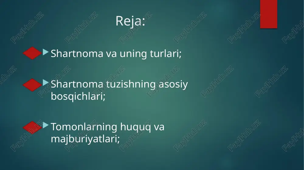 mulkni vaqtincha egalik qilish va foydalanish yoki foydalanish uchun topshirish majburiyatini oladi. shartnoma tuzishning to‘rtta asosiy qoidasi mavjud. 1.shakllarni tanlash. bitimlarni amalga oshirishni ko‘zda tutgan shartnoma istalgan shaklda utzilishi mumkin, qachonki qonunda maxsus shakl ko‘zda tutilmagan bo‘lsa. agarda tomonlar muayyan shaklda shartnoma tuzishga kelishgan bo‘lsalar, qonunda bunday shartnomalar uchun mazkur shakl talab qilinmagan bo‘lsa xam unga aynan shu shakl berilganidan so‘ng tuzilgan hisoblanadi. shartnoma tomonlar imzolagan bitta xujjatni (shartnomani) tayyorlash yo‘li bilan, shuningdek pochta, telegraf, faks, elektron, telefon xamda xujjat shartnoma bo‘yicha kontragent tomonidan kelganligini xaqqoniy tasdiqlash imkonini beruvchi boshqa aloqa vositalari orqali xujjatlarni almashish yo‘li bilan tuzilishi mumkin. 2. shartnomani o‘zgartirish va bekor qilish. shartnoma to‘rtta asosiy qismlardan tashkil topishi kerak. 1.kirish qismi. 2.shartnoma mavzusi. tomonlarning xuquq va majburiyatlari. shartnomaning qo‘shimcha shartlari. shartnomaning boshqa shartlari. 1.shartnomaning kirish qismi. bu qism quyidagi asosiy qoidalarni o‘z ichiga oladi: shartnoma nomi: savdo-sotiq, axborot xizmatlarini ko‘rsatish, birgalikda faoliyat yuritish va boshhalar to‘g‘risida shartnoma. …