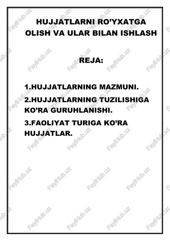 mas (oldindan tayyor bosma matnda ifodalangan) va o’zgaruvchi (hujjatni tuzish paytida mashinkada yoki qo’lda yoziladigan) axborotlar; shuning uchun bu tur hujjatlarga nisbatan ko’pincha “yozmoq” emas, balki “to’ldirmoq” so’zi ishlatiladi. shu o’rinda aytish kerakki, hujjatlarning qolipli turlarini kengaytirish ish yuritishni takomillashtirishdagi istiqbolli yo’llardan biridir. hujjatlar tegishlilik jihatiga ko’ra, xizmat yoki rasmiy hujjatlar va shaxsiy hujjatlarga ajratiladi. xizmat hujjatlari.tayyorlanishiga ko’ra tashkilot yoki mansabdor shaxslarga tegishli bo’lsa, shaxsiy hujjatlar yakka shaxslar tomonidan yozilib, ularning xizmat faoliyatlaridan tashqaridagi yoki jamoat ishlarini bajarish bilan bog’liq masalalarga tegishli bo’ladi (masalan, shaxsiy ariza, shikoyat va h.k). hujjatlarning tayyorlanish xususiyati va darajasi ham benihoya muhim. bu jihatiga ko’ra hujjatlar quyidagicha tasniflanadi: qoralama; asl nusxa; ikkinchi nusxa (dublikat); ko’chirma. aksar hujjatlar dastlab qoralama nusxada tayyorlanadi, bu hujjat muallifi, ya’ni tayyorlovchining qo’lyozma yoki dastlabki mashinkalangan nusxasidir. bu nusxa tuzatilib, qayta ko’chirilishi mumkin. aytish lozimki, qoralama hujjat huquqiy kuchga ega emas. asl nusxahar qanday hujjatning asli, birinchi rasmiy nusxasidir. asl nusxaning …