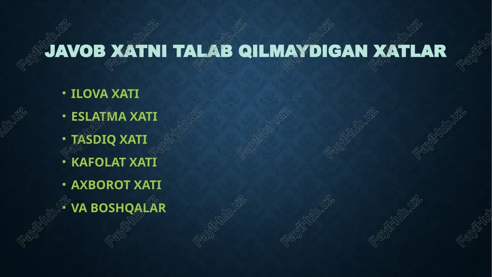 ilova xat ortiqcha hisoblanadi. ilova xati ilova xat davlat intizomiga rioya qilishini va jo‘natiladigan hujjatlarning yaxshi saqlanganligini nazorat qiluvchi ishonchli vositadir. «yo‘llaymiz», «ilova qilamiz», «qayta yo‘llaymiz», «taqdim qilamiz» kabi so‘z va birikmalar ilova xatlarining o‘ziga xos belgisi hisoblanadi. kafolat xati muayyan bir shart yoki va’dani tasdiqlash maqsadida tuziladi. xatlarning bir turi qoidaga ko’ra bajarilgan ish uchun haq to’lashda, ishning bajarilish muddati haqida, turar joy bilan ta’minlashda, ishga qabul qilishda, bajariladigan ishning sifati haqida kafolat berish uchun tayyorlanadi va tashkilot yoki alohida shaxslarga jo’natiladi. kafolat xatlari ham boshqa xat turlaridek, odatda, idoraning xos ish qog’oziga yoziladi. tasdiq xati ma’lum bir muassasa tomonidan yuborilgan iltimos va so’rovlarga javob tarzida yoziladigan xatlarning bir turi. tasdiq xatning qaysi xatga javoban bitilganligi iloji boricha aniq ko’rsatilishi kerak. bunday xat matnida qo’llanuvchi asosiy so’zlardan biri “tasdiqlamoq” fe’lidir. tasdiq xatlar o’z vaqtida jo’natilsa, eslatma xatlar uchun hech qanday ehtiyoj sezilmaydi. natijada xizmat yozishmalarning hajmi qisqaradi. e’tiboringiz uchun …