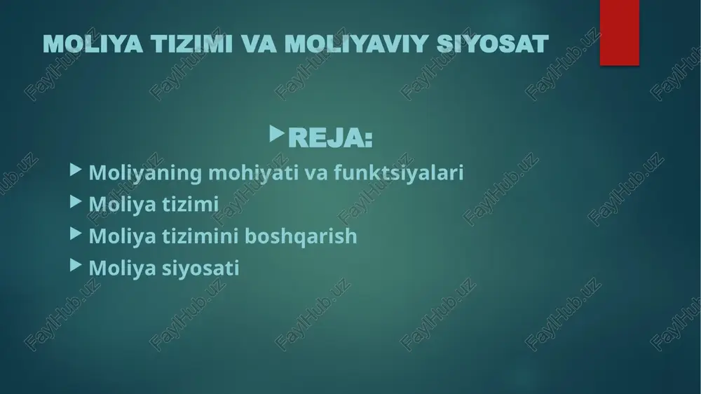 hqalar); g) moliya institutlari va davlatning moliya idoralari (moliya kompaniyalari, moliya jamgʻarmalari, moliya vazirligi, uning mahalliy boʻlinmalari, soliq idoralari, gʻaznachilik xizmati, soliq politsiyasi va boshqalar); d) moliya bozori — fond bozori, sugʻurta xizmati bozori, valyuta bozori; ye) moliya siyosati — iqtisodiyot subʼyektlarining moliyaga oid yul-yoʻriklari va xatti-harakati. moliya tizimi iqtisodiy tizimning muhim unsuri, uning yordamida iqtisodiyot tartiblanadi, iqtisodiy oʻsish ragʻbatlantiriladi. davlat moliya tizimi "davlat moliyasi va mahalliy moliya " sohasining o'ziga xos bo'g'ini hisoblanadi. uning o ' ziga xosligi davlatning markazlashtirilgan fondlariga mablag'larni jalb qilish bo'yicha moliya-kredit munosabatlariga doir alohida shaklidan iborat. bunda davlat, asosan, mablag 'larni qarzga oluvchi va shuningdek, kreditor va garant (kafil) sifatida ham maydonga chiqadi. 14 image6.jpg image7.jpg image8.jpg image9.jpg image10.jpg image11.jpg image12.png image13.jpg image14.jpg image15.jpg image16.jpg image17.png image18.png image2.png image3.png image4.png image5.png /docprops/thumbnail.jpeg