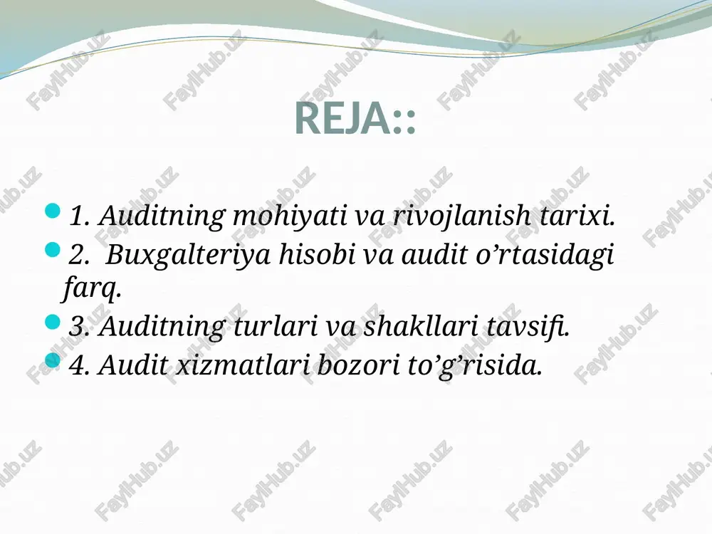 qonun qabul qilingan. hozirgi paytda bozor iqtisodiyoti rivojlangan mamlakatlarda o’zining tashkiliy huquqiy infratuzilmalariga ega bo’lgan audit institutlari faoliyat ko’rsatmoqda. audit tarixi audit tarixi ingliz tilida so‘zlashuvchi mamkatlarda audit to‘g‘risidagi dastlabki ma’lumot 1130 yilga borib taqaladi. usha paytda rivojlangan iqtisodiy tizimdagi xo‘jalik voqealiklarni qayd qilish bitimlari bir martali yozuv bilan cheklangan edi. ularning asosiy maqsadi savdo dalillarini yozma qayd etib, xotirada saqlashdan iborat bo‘lgan. foydani maksimallashtirish o‘rta asrning o‘rtalarida italiyada yirik savdo o‘ylari paydo bo‘lgan vaqtda yuzaga kelgan. natijada savdo aloqalari juda muhim ahamiyatga ega bo‘ldi. birinchi marta ikkiyoqlama yozuv 20 noyabr 1494 yilda italiyada luka pacholi tomonidan amalga oshirildi. hozirgi zamon auditining boshlanishi sanoat revolyusiyasi davriga borib taqaladi. 1853 yilda edinburgda buxgalterlar jamiyatiga asos solindi. buyuk britaniyada bir nechta audit institutlar paydo bo‘ldi. ularning birlashishi natijasida 1880 yilda angliya va uels diplomli buxgalterlar instituti yuzaga keldi. bu institut 19 asrda g‘arb mamlakatlarda yuzaga kelgan institutlarning dastlabkisi bo‘lgan 1886 yilda aqshda …