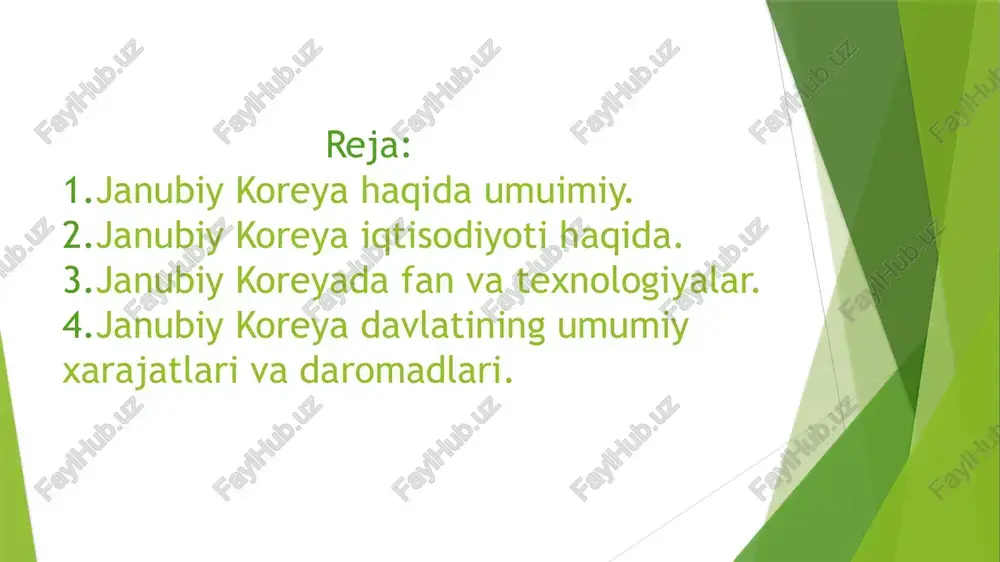 ez rivoji yuqori darajadagi jamgʻarma va sarmoyaga katta yordam berdi, shuningdek milliy taʼlimning taraqqiy topishiga ragʻbat boʻldi. shuning evaziga bugungi kunda bir qancha yosh oʻgʻil-qizlar dunyoning eng nufuzli oliygohlarida taʼlim olishmoqda. lekin rivojlanishga boʻlgan yoʻl oson boʻlmadi. bu yoʻlga erishish turli qiyinchiliklarni yengib oʻtishni talab etdi. 1945-yili yaponiya qaramligidan ozod boʻldanidan soʻng milliy iqtisodiyotni rivojlantirish xalqning hayot-mamot masalasiga aylandi. tabiiy boyliklarning cheklanganligi, ichki bozorning zaifligi va iqtisodiy rivojlanish tajribasiga ega boʻlmasligiga qaramay, koreya milliy iqtisodiyotning barqaror va mustaqil rivojlanishini amalga oshirdi. 1950—1953-yillarda boʻlib oʻtgan koreys urushi janubiy koreya iqtisodiyoti rivojlanishiga katta putur yetkazdi. bir xalqning oʻzaro urushib ikki qismga boʻlinishi koreya tuprogʻida buzgʻunchilik va alamli xotiralarni qoldirdi. urush qurbonlari va nogironlar soni 1,5 mlnni tashkil etadi. urushning moddiy zarar qiymati 1953-yil narxlarida 3,1 mlrd aqsh dollarini tahskil etdi. janubiy koreyaning urushdan koʻrgan zarari 1953-yilgi milliy yalpi mahsulot (ymm)ning 85%ini tashkil etdi. urushdan keyingi qayta tiklanish davrida (1953-1960-yy) rivojlanish darajasi xorijiy …