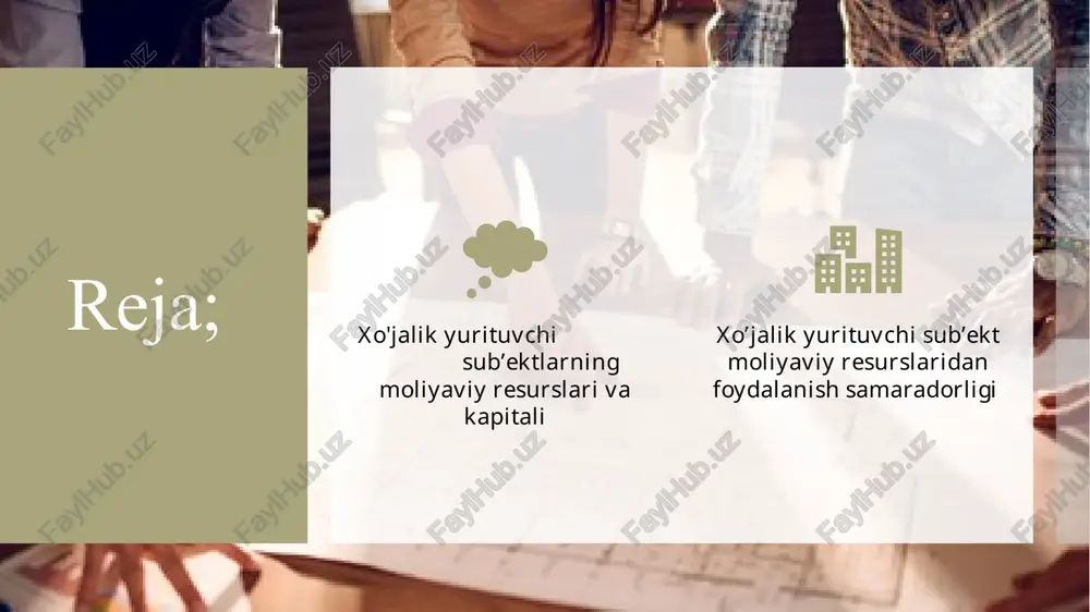 materiallar, yoqilg‘i, yelektr yenergiyasi va boshqalarni sotib olish) moliyalashtirish fondi; fix – ish haqi fondi; ff – tovarlarni realizatsiya qilishdan olinganfoyda (soliqlar to‘languncha va foydadanboshqa to‘lanmalar amalga oshirilguncha). 5 tushum xarajatlarni moliyalashtirish va kengaytirilgan takror ishlab chiqarish jarayonini davom etttirishni ta’minlovchi bir necha pul mablag‘lari fondlariga bo‘linadi; 6 asosiy ishlab chiqarish fondlarining jismoniy eskirishini tiklashga mo‘ljallan- gan amorti-zatsiya aj-ratmalari fondi moddiy xarajatlar-ni (xom ashyo, material-lar, yoqilg‘i, elektro-energiya va boshqalarni sotib olish) moliyalash-tirish fondi tovarlarni realizatsiya qilishdan olingan foyda (so-liqlar to‘-languncha va foydadan boshqa to‘lan-malar amalga oshiril-guncha) ish xaqi fondi joriy tijoriy xyus larning moliyaviy resurslarini shakl-lanish manbalariga ko‘ra quyidagilarga ajratish mumkin: mahsulot realizatsiyasining tushumi hisobidan shakllana-digan moliyaviy resurslar (foyda, amortizatsiya ajratmalari fon-di, ish haqi fondi, moddiy xarajatlarni tiklash fondi); boshqa realizatsiya (mol-mulk, asosiy faoliyatga daxldor bo‘lmagan xizmatlar va boshqalar) hisobidan olinadigan moliyaviy resurslar; moliyaviy bozorda shakllanadigan moliyaviy resurslar (kreditlar va zayomlar, o‘z aksiyalari va qimmatli qog‘ozlarning boshqa ko‘rinishlarini sotish, boshqa …