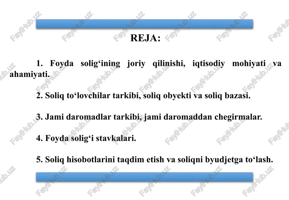 izda korxonalarning foydasidan olinadigan soliq joriy etildi. shu bilan bir qatorda soliq to‘lovchilarning ayrim toifalari (tijorat banklari, sug‘urta tashkilotlari, tamosha-konsert faoliyatini olib boruvchi muassasalar, ko‘ngilochar o‘yinlarni tashkil etuvchi korxonalar, birja va boshqa shu kabi korxonalar) uchun daromad solig‘i va yalpi daromad solig‘ini to‘lash tartibi saqlab qolindi. foyda solig‘ining joriy qilinishi, iqtisodiy mohiyati va ahamiyati 5 foyda solig‘ining joriy qilinishi, iqtisodiy mohiyati va ahamiyati 6 t/r ko'rsatkichlar summa foizda jami — daromadlar 200 000,0 100 1. bevosita soliqlar 63 330,5 31,6 1.1 foyda solig'i 38 557,2 19,2 1.2 aylanmadan olinadigan soliq 2 728,3 1,3 1.3 jismoniy shaxslardan olinadigan daromad solig'i 22 045,0 11,0 2. bilvosita soliqlar 73 164,9 36,5 2.1 qo'shilgan qiymat solig'i 53 300,0 26,6 2.2 aktsiz solig'i 15 038,3 7,5 2.3 bojxona boji 4 826,6 2,4 3. resurs soliqlari va mol-mulk solig'i 22 740,5 11,3 3.1 mol-mulk solig'i 3 173,8 1,5 3.2 er solig'i 4 253,3 2,1 3.3 er …