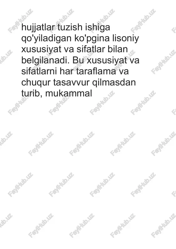 iyatlaridan tashqaridagi yoki jamoat ishlarini bajarish bilan bog'liq masalalarga tegishli bo'ladi (shaxsiy ariza, shikoyat, tavsiyanoma kabi). muassasalar o'rtasida xizmat aloqalari asosan xatlar orqali amalga oshiriladi. bunday yozishmalar orqali turli ko'rsatmalar, so'rovlar, javoblar, tushuntirishlar, xabar, taklif, iltimos, kafolatlar beriladi va qabul qilinadi. hujjatlar tegishlilik jihatiga ko'ra, xizmat yoki rasmiy hujjatlar va shaxsiy hujjatlarga ajratiladi. xizmat hujjatlari tayyorlanishiga ko'ra muassasa yoki mansabdar shaxslarga tegishli bo'lsa, shaxsiy hujjatlar yakka shaxslar tomonidan yozilib, ularning xizmat faoliyatidan tashqaridagi yoki jamoat ishlarini bajarish bilan bog'liq masalalarga tegishli bo'ladi (shaxsiy ariza, shikoyat va h.k.). ma’muriy-boshqaruv faoliyatidagi xizmat mavqeyiga ko'ra hujjatlar quyidagicha tasnif qilingan: tashkiliy hujjatlar; farmoyish hujjatlari; ma’lumot-axborot hujjatlari; xizmat yozishmalari. hududiy qonunchilik va ish yuritish munosabatlari doirasida qo'llaniluvchi rasmiy – idoraviy uslub quyidagi turlarga bo'linadi. 1. sof qonunchilik uslubi (qonun, farmon, fuqarolik va jinoiy aktlar, nizomlar uslubi); 2. idoraviy-devonxona uslubi (buyruq, ariza, talabnoma, bildirgi, tavsifnoma, tarjimayi hol, ishonchnoma, dalolatnoma); diplomatik uslub (nota, bayonot, bitim, konvensiya va …