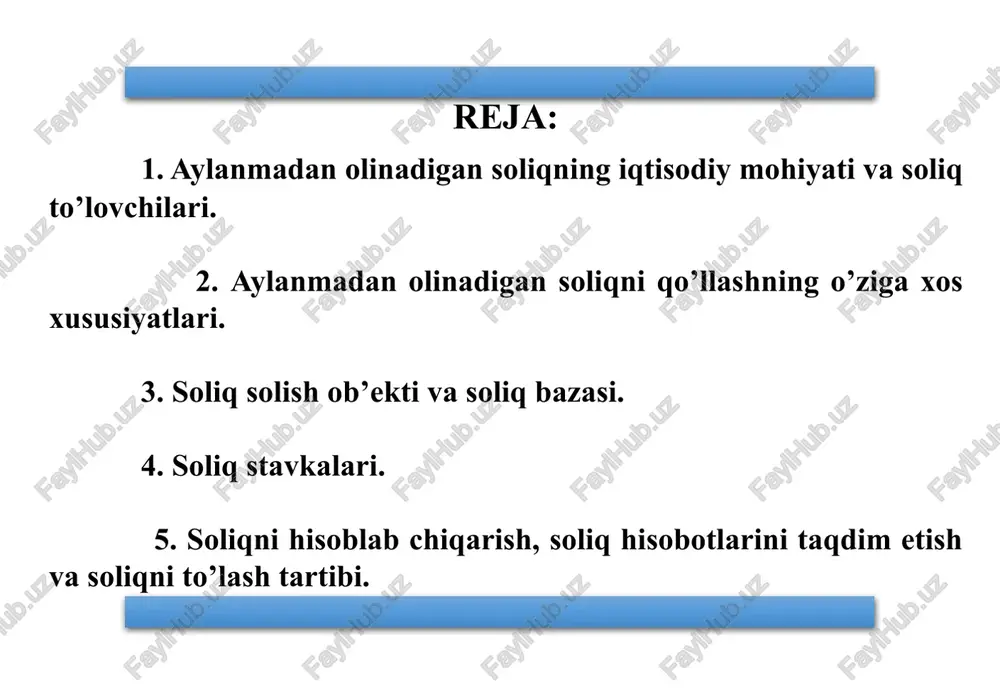 adbirlar to‘g‘risida»gi pf-3620-son farmoniga muvofiq 2005-yilning 1-iyulidan boshlab o‘zbekiston soliq tizimi amaliyotida kichik biznes subyektlarining ba’zi toifalari uchun yagona soliq to‘lovi joriy qilindi. 5 kichik biznesni soliqqa tortish bilan bog'liq me'yoriy hujjatlar pf-5837 26.09.2019 farmon va qarorlar pq-364 30.08.2022 pq-4742 8.06.2020 pf-5468 29.06.2018 pf-21 10.02.2023 qaror va farmonlarda nazarda tutilgan kichik biznesni soliqqa tortish bilan bog'liq asosiy muammolar: soliq solishning soddalashtirilgan tartibi bo'yicha soliq to'lovchilarga soliq siyosatini takomillashtirishning salbiy ta'sirini kamaytirish, tadbirkorlik sub'ektlarini toifalarga ajratish va ularni ko'llab quvvatlash iqtisodiyotga solik yuki darajasini kamaytirish soliq solishning soddalashtirilgan va umumbelgilangan tizimi bo'yicha soliqlarni to'laydigan xo'jalik yurituvchi sub'ektlar o'rtasidagi soliq yuki darajasidagi nomutanosibligi soliqlarni unifikatsiya qilish orqali ularning sonini optimallashtirish, shuningdek, o'xshash soliq solish bazasiga ega bo'lgan soliqlarni birlashtirish, soliq hisobotlarini qisqartirish va soddalashtirish, operatsion xarajatlarni minimallashtirish iste'molni soliqqa tortishda qqs bilan bir vaqtning o'zida aylanma soliqning mavjudligi iste'mol mahsulotining oraliq va yakuniy qiymati qimmatlashishiga hamda yirik va kichik biznes o'rtasidagi kooperatsiyaning …