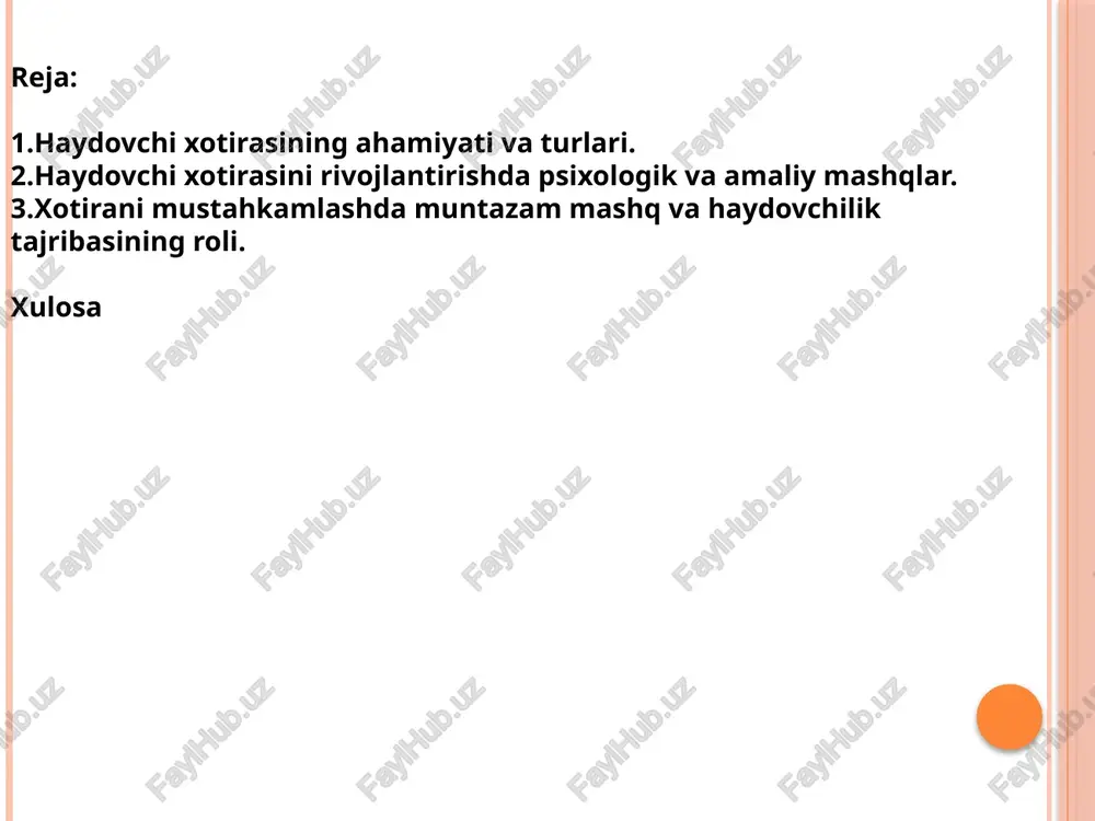 rivojlantiruvchi testlar, shuningdek, tezkor qaror qabul qilish va vaziyatlarni eslab qolish mashqlari mavjud. masalan, yo‘l belgilarini qisqa muddatga ko‘rsatib, ularni eslab qolish va keyin qayta aytish, yoki transport sharoitidagi vaziyatlarni tasvirlab berish orqali xotirani rivojlantirish mumkin. amaliy mashqlar esa haydovchining real haydovchilik tajribasi orqali xotirasini shakllantiradi. bunga transport vositasini boshqarish, turli yo‘l sharoitlarida harakatlanish, xavfli vaziyatlarda to‘g‘ri reaktsiya ko‘rsatish, harakat trayektoriyasini eslab qolish va murakkab manevrlarni mashq qilish kiradi. shu bilan birga, simulyatorlarda mashqlar qilish, tezkor testlar va o‘yinlar orqali xotira va e’tibor kombinatsiyasini rivojlantirish ham samarali hisoblanadi. umuman olganda, psixologik va amaliy mashqlarni muntazam bajarish haydovchining xotira qobiliyatini oshiradi, ongli qaror qabul qilish va xavfsiz haydovchilikni ta’minlaydi. 3.xotirani mustahkamlashda muntazam mashq va haydovchilik tajribasining roli. xotirani mustahkamlashda muntazam mashq va haydovchilik tajribasi muhim rol o‘ynaydi, chunki xotira qobiliyati faqat nazariy bilim bilan emas, balki amaliy ko‘nikmalar bilan ham rivojlanadi. muntazam mashqlar xotirani doimiy ravishda ishlatish, e’tibor va diqqatni jamlash …