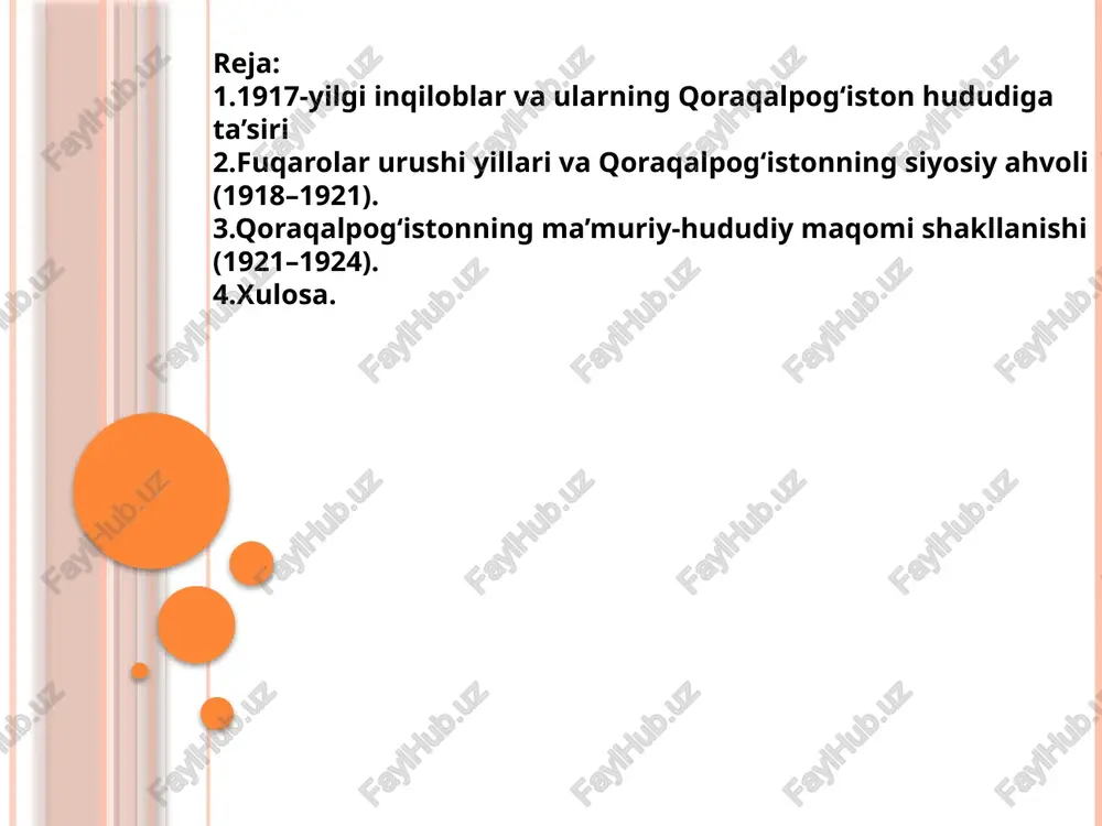 targ‘ib etishda davom etdi, o‘lkada yangi idoralar tashkil qilindi, mahalliy sovetlar faoliyati yo‘lga qo‘yildi. 1917-yilgi inqiloblar qoraqalpog‘iston tarixida siyosiy uyg‘onish, ijtimoiy o‘zgarishlar va milliy o‘zlikni anglash jarayoniga turtki bo‘ldi. shu davrdan boshlab bu hududda sovet hokimiyatining shakllanishi va qoraqalpog‘iston xalqining siyosiy hayotda faollashuvi uchun zamin yaratildi. 2.fuqarolar urushi yillari va qoraqalpog‘istonning siyosiy ahvoli (1918–1921). 1918–1921-yillar oralig‘ida qoraqalpog‘iston hududi butun markaziy osiyoda kechgan fuqarolar urushi voqealaridan chetda qolmadi. bu davrda sovet hokimiyati hali to‘liq o‘rnatilmagan, siyosiy beqarorlik va iqtisodiy tanglik kuchaygan edi. turkiston o‘lkasida sovet hokimiyati tarafdorlari bilan unga qarshi chiqqan kuchlar o‘rtasida qurolli to‘qnashuvlar davom etardi. bu urushlar qoraqalpog‘iston xalqi uchun ham og‘ir sinov davriga aylandi. hududda yangi hokimiyat vakillari, eski boshqaruv tarafdorlari va mahalliy aholining turli guruhlari o‘rtasida ziddiyatlar yuzaga keldi. markaziy hokimiyatning uzoqligi, aloqa va boshqaruvning sustligi bu hududda siyosiy muvozanatni saqlashni qiyinlashtirdi. fuqarolar urushi davrida iqtisodiy hayot butunlay izdan chiqdi. qishloq xo‘jaligi ishlab chiqarishi keskin kamaydi, sug‘orish …