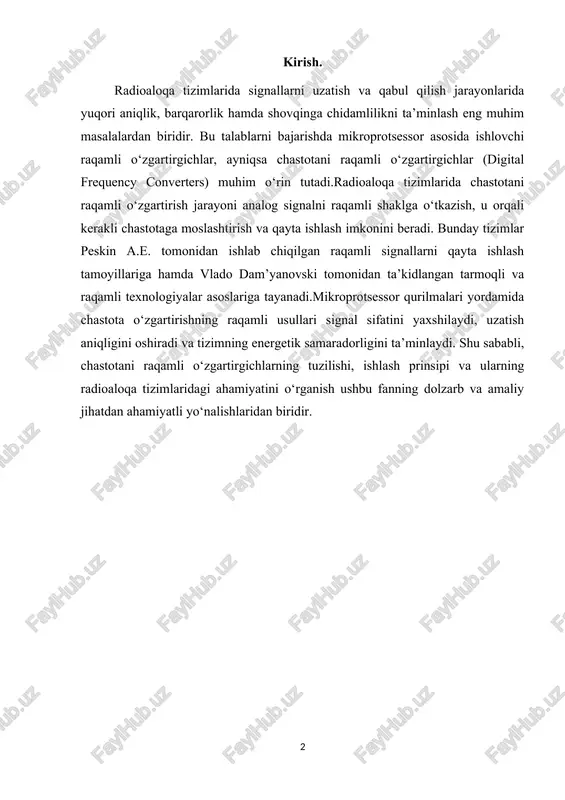 signal identifikatsiyasi va avtomatik sozlash jarayonlarida keng qo‘llaniladi.chastotani raqamli o‘zgartirgichning tuzilmasi odatda kirish kuchaytirgichi, shakllantiruvchi qurilma, hisoblagich (raqamli registr), vaqtli taymer va mikroprotsessorli boshqaruv blokidan tashkil topadi. kiruvchi signal dastlab shakllantiruvchi qurilma orqali impulsli shaklga keltiriladi, bu esa raqamli hisoblash uchun qulay muhit yaratadi. keyinchalik, bu impulslar ma’lum vaqt oralig‘ida hisoblanadi va ularning soni mikroprotsessor tomonidan tahlil qilinadi. hisoblangan impulslar soni signal chastotasiga to‘g‘ri proporsional bo‘lib, shu asosda signalning chastotaviy qiymati aniqlanadi.ishlash prinsipi shundan iboratki, chastota o‘lchash uchun belgilangan vaqt oralig‘ida kiruvchi signalning necha marta takrorlanganligi aniqlanadi. masalan, agar vaqt oralig‘i 1 soniya bo‘lsa, unda impulslar soni to‘g‘ridan to‘g‘ri signal chastotasiga teng bo‘ladi. 1.1-rasm. raqamli o‘zgartirgichda bu jarayon mikroprotsessor tomonidan avtomatik tarzda boshqariladi va natijada chiqishda chastotaning raqamli ifodasi olinadi.yuqori aniqlik, tezkorlik, barqarorlik va raqamli tizimlarga integratsiyalash imkoniyatidir. ular zamonaviy radioelektron o‘lchov asboblari, chastota stabilizatorlari va avtomatik boshqaruv tizimlarining ajralmas qismi hisoblanadi. shu tariqa, chastotani raqamli o‘zgartirgichlar radioaloqaning mikroprotsessor qurilmalarida …