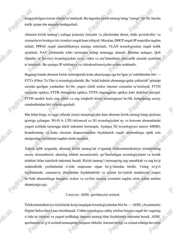 va abonent qurilmalariga taqsimlash vazifasini bajaradi. abonent uskunasining texnik imkoniyatlari to‘g‘ridan-to‘g‘ri internet tezligi va barqarorligiga ta’sir qiladi. zamonaviy gpon/epon texnologiyalarida abonent tomoniga o‘rnatiladigan ont qurilmalari orqali 1 gbit/s gacha tezlik taqdim etilishi mumkin. bu esa optik tizimlarning afzalliklarini ko‘rsatadi. kirish tarmog‘ining yana bir muhim qatlami — tarmoq tugunlari. bu yerda dslam, olt, cmts kabi qurilmalar joylashadi. dslam (digital subscriber line access multiplexer) mis juftlik texnologiyalarida ko‘plab abonentlarni bitta transport liniyasiga ulash vazifasini bajaradi. optik texnologiyalarda esa olt (optical line terminal) terminali markaziy jihoz bo‘lib, u yuzlab ont abonentlarini boshqaradi. zamonaviy olt qurilmalari yuqori quvvat, past kechikish va kengaytirilgan xizmat sifatini ta’minlaydi. bu tugunlar kirish tarmog‘ining “yuragi” bo‘lib, barcha trafik aynan shu nuqtada boshqariladi. abonent kirish tarmog‘i nafaqat jismoniy liniyalar va jihozlardan iborat, balki protokollar va xizmatlarni boshqarish tizimlari orqali ham ishlaydi. masalan, dhcp orqali ip manzillar taqdim etiladi, pppoe orqali autentifikatsiya amalga oshiriladi, vlan texnologiyalari orqali trafik ajratiladi, nat yordamida …