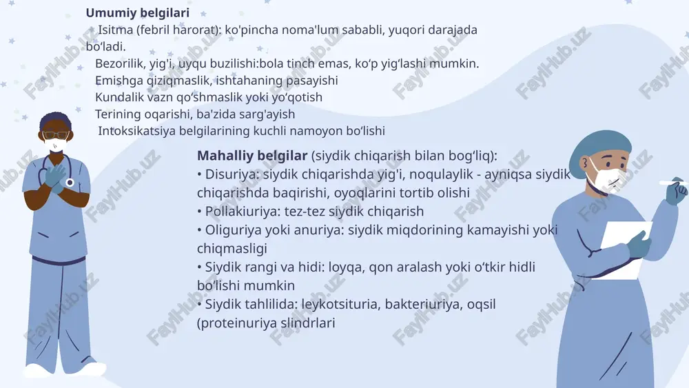 chiqaruv yoʻllarining yalligʻlanishi) belgilari: jinsiy a'zolar atrofida qichishish, ajralma, siydikda yalligʻlanish belgilarining boʻlishi. koʻproq o'g'il bolalarda uchraydi. 1 yoshgacha bo'lgan bolalarda ko'p uchraydigan kasalliklar siydik chiqaruv yo`llari infeksiyasini tashxisi siydik ajratuv tizimining infeksion yalliglanish jarayoni bor bo’la turib zararlanish joyi aniq kursatilmaganda kuyiladi. schyi – birlamchi kasallik sifatida yoki boshqa a’zolarni infeksion yalliglanish kasalliklari fonida rivojlanishi mumkin. masalan, orvi yoki zotiljam, bakterial diareyada rivojlanganda bemor siydigida leykotsituriya, bakteriuriya va sezilarsiz tarzda proteinuriya aniqlanadi va bu belgilar asosiy kasallikni ratsional davolash mobayinida tez bartaraf kilinadi. siydikda mikroorganizmlarni bir hil turini haqiqiycha miqdori bo`lganida bakteriuriya diagnostik ahamiyatga ega bo’ladsiydik pufagini punksiyasi orkali olingan 1 ml siydikdagi mikrorganizmlarni barcha miqdori. ta’kidlashlaricha, piuriya (neytrofilli leykotsituriya) siydik yo`llari infeksiyasini nospesifik belgisi hisoblanadi va ba’zan bu belgi kuzatilmasligi mumkin. bunday holatlarda simptomsiz bakteriuriya xakida so’z ketadi. «schyi» deganda yalliglanish jarayoni siydik ajratish a’zolarining uretradan buyrak jomchalarigacha bo`lgan soxada rivojlanishini tushunish kerak. siydik yo`llari infeksiyasi bilan ogrigan …