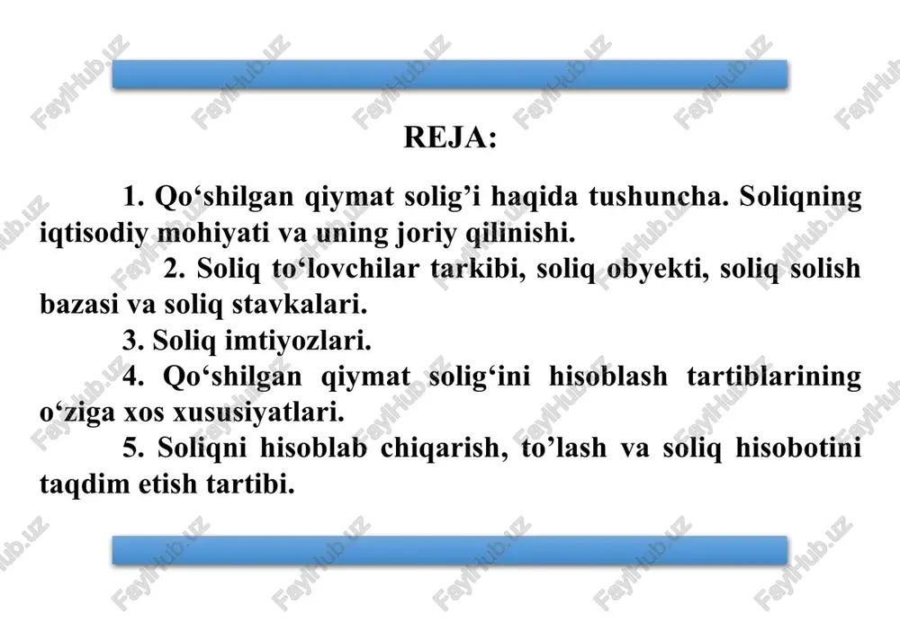 aliyotida joriy etishni 1919 yilda vilgelm fon simens ilgari surdi. qo‘shilgan qiymat solig‘ini amaliyotga joriy etish va undirish mexanizmi birinchi marta fransuz moliyachisi morris lore tomonidan ishlab chiqildi. ammo qo‘shilgan qiymat solig‘i m.lorening taklifidan so‘ng o‘tgan 10 yildan ortiq vaqt mobaynida tajriba uchun taklif etilgan shaklda qo‘llanildi. fransiyada qo‘shilgan qiymat solig‘i 1968 yildan boshlab joriy etildi. 5 qo‘shilgan qiymat solig’i haqida tushuncha. soliqning iqtisodiy mohiyati va uning joriy qilinishi xx asrning 70-yillarida qo‘shilgan qiymat solig‘i g‘arbiy yevropaning qator mamlakatlari soliq amaliyotida joriy qilindi. buning asosiy sababi va huquqiy asosi bo‘lib, yevropa iqtisodiy hamjamiyati tomonidan hamjamiyatga a‘zo mamlakatlarda qo‘shilgan qiymat solig‘ini undirishni tartibga solishning huquqiy me’yorlarini umumlashtirish to‘g‘risidagi maxsus direktivaning qabul qilinishi hisoblanadi. mazkur direktiva 1977 yilda qabul qil­indi va unda egri soliqlarning asosiy turi sifatida qo‘shilgan qiymat solig‘i e’tirof etildi. 6 qo‘shilgan qiymat solig’i haqida tushuncha. soliqning iqtisodiy mohiyati va uning joriy qilinishi o‘zbekiston soliq tizimida qo‘shilgan qiymat solig‘i 1992 …
