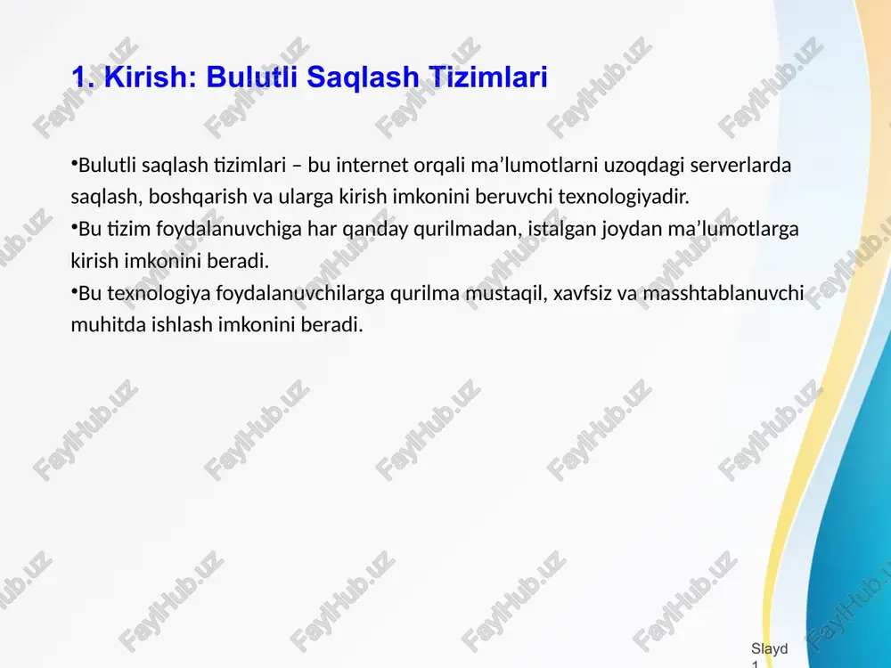 langan. asosiy topologiyalar: - star (yulduzsimon): bitta markazga barcha qurilmalar ulanadi. - mesh (to‘liq ulanish): har bir qurilma boshqasi bilan ulanadi – yuqori ishonchlilik. - cascade (zanjirli): qurilmalar birin-ketin ulanadi – kam xarajatli, ammo kamroq ishonchli. har bir topologiyaning o‘ziga xos afzalliklari va kamchiliklari mavjud. slayd 5 6. xulosa va kelajakdagi yo‘nalishlar xulosa qilib aytganda: - bulutli saqlash – zamonaviy it arxitekturasining ajralmas qismidir. - foydalanuvchiga moslashuvchan, xavfsiz va arzon saqlash imkonini beradi. - san esa katta hajmdagi, doimiy kirish talab qilinadigan muhitlar uchun ideal echimdir. kelajakda bulutli texnologiyalar yanada rivojlanib, sun’iy intellekt va avtomatlashtirilgan boshqaruv bilan birlashadi. slayd 6 image2.jpeg /docprops/thumbnail.jpeg