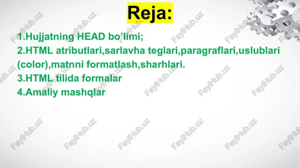 iq chiziq bilan boshlansa, u domenga nisbatan bo'ladi. misol: src="/images/img_girl.jpg". html sarlavhalari heading 1 heading 2 heading 3 heading 4 heading 5 heading 6 heading 1 heading 2 heading 3 heading 4 heading 5 heading 6 html paragraflari html elementi paragrafni belgilaydi. paragraf har doim yangi satrdan boshlanadi va brauzerlar avtomatik ravishda paragrafdan oldin va keyin biroz bo'sh bo'sh joy (chekka) qo'shadi. katta yoki kichik ekranlar va o'lchamlari o'zgartirilgan oynalar turli xil natijalarni yaratadi. html bilan siz html kodingizga qo'shimcha bo'shliqlar yoki qo'shimcha qatorlar qo'shish orqali displeyni o'zgartira olmaysiz. sahifa ko'rsatilganda brauzer avtomatik ravishda qo'shimcha bo'shliqlar va chiziqlarni olib tashlaydi: html uslublari html styleatributi elementga rang, shrift, oʻlcham va boshqalar kabi uslublar qoʻshish uchun ishlatiladi. html elementining uslubini o'rnatish styleatribut yordamida amalga oshirilishi mumkin. html styleatributi quyidagi sintaksisga ega: css background-colorxususiyati html elementi uchun fon rangini belgilaydi. html formatlash elementlari: formatlash elementlari matnning maxsus turlarini ko'rsatish uchun mo'ljallangan: - qalin …