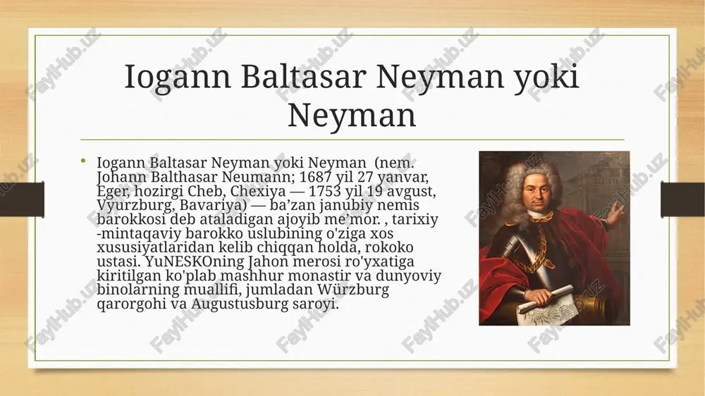 lubining asosiy vakillaridan biri - germaniya, chexiya va yuqori avstriyaning janubiy hududlarida turli xil tashqi omillar ta'siri ostida rivojlangan barokko va rokail elementlarining o'ziga xos birikmasidir. u ko'p sayohat qildi, italiya, germaniya, frantsiya me'moriy yodgorliklarini o'rgandi. arxitektura karerasining dastlabki bosqichlarida u janubiy nemis barokko klassikasi fisher fon erlax va iogann lukas fon xildebrandtlarning dizayni va binolaridan ta'sirlangan. italiyaning shimolidagi milanda neumann guarino guarini ishini o'rgandi. ba'zi taxminlarga ko'ra, neumann bartolomeo franchesko rastrelli yoshning o'ziga xos uslubiga ta'sir qilganlardan biri edi. neumann binolarining me'moriy tashqi ko'rinishida, xuddi rastrelli kabi arxitektura uslubi klassitsizm va barokko elementlari ustunlik qiladi, interyerda esa rokoko ustunlik qiladi[12]. shu bilan birga, harbiy muhandis bo'lgan neymann, boshqa me'morlardan farqli o'laroq, rejalashtirish va fazoviy echimlarda barokkoga qaraganda klassitsizm an'analariga yaqinroq edi; neumann o'zining amaliy faoliyatida guarino guarinining 1737 yilda nashr etilgan "fuqarolik arxitekturasi" (architettura civile) risolasidan foydalangan, unda me'morchilik ishining muhandislik va konstruktiv asoslariga urg'u berilgan. augustusburg qal'asi. bruhl. …