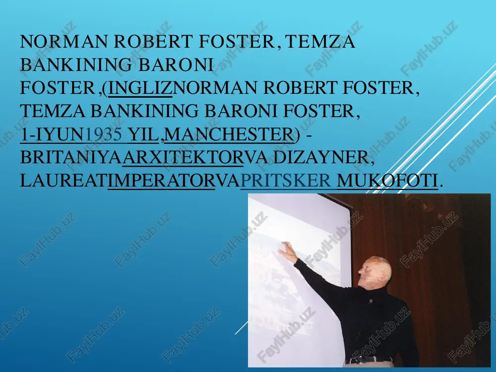 0%d0%b9-%d1%82%d0%b5%d0%ba_(%d1%81%d1%82%d0%b8%d0%bb%d1%8c) https://ru.wikipedia.org/wiki/foster_%2b_partners https://ru.wikipedia.org/wiki/%d0%a1%d1%82%d0%be%d0%ba%d0%bf%d0%be%d1%80%d1%82 https://ru.wikipedia.org/wiki/%d0%a7%d0%b5%d1%88%d0%b8%d1%80 https://ru.wikipedia.org/wiki/%d0%9c%d0%b0%d0%bd%d1%87%d0%b5%d1%81%d1%82%d0%b5%d1%80 https://ru.wikipedia.org/wiki/%d0%a4%d0%be%d1%81%d1%82%d0%b5%d1%80,_%d0%9d%d0%be%d1%80%d0%bc%d0%b0%d0%bd#cite_note-_52dfa509bd4b59ac-5 https://ru.wikipedia.org/wiki/%d0%a4%d0%be%d1%81%d1%82%d0%b5%d1%80,_%d0%9d%d0%be%d1%80%d0%bc%d0%b0%d0%bd#cite_note-6 https://ru.wikipedia.org/wiki/%d0%a4%d0%be%d1%81%d1%82%d0%b5%d1%80,_%d0%9d%d0%be%d1%80%d0%bc%d0%b0%d0%bd#cite_note-tg99-7 https://ru.wikipedia.org/wiki/%d0%a4%d0%be%d1%81%d1%82%d0%b5%d1%80,_%d0%9d%d0%be%d1%80%d0%bc%d0%b0%d0%bd#cite_note-inspire-8 https://ru.wikipedia.org/wiki/%d0%a4%d0%be%d1%81%d1%82%d0%b5%d1%80,_%d0%9d%d0%be%d1%80%d0%bc%d0%b0%d0%bd#cite_note-tt99-9 foster burnage boys grammatika maktabida o'qidi, u erda sinfdoshlari tomonidan qo'rquvga duchor bo'ldi va ko'p vaqtini kitoblar bilan o'tkazdi.[7]. yoshligida u o'zini jim va noqulay deb hisobladi[11]. 16 yoshida u maktabni tashlab, dasturga kirish imtihonini topshirdimanchester siti hall, bu unga shahar moliya bo'limida kichik xodim va xizmatchi sifatida ishga kirishga imkon berdi[12][13][12]. 1953 yilda foster o'z xizmatini tugatdiqirollik havo kuchlari, u aviatsiyaga bo'lgan muhabbati tufayli tanlagan[14]. manchesterga qaytib, foster mahalliy arxitektorlar jon e. beardshou va partners kompaniyasida shartnomalar bo'yicha menejer yordamchisi bo'ldi.[15]. unga agar u me'mor bo'lishni xohlasa, o'z kompaniyasining chizmalaridan misol tariqasida chizmalar portfelini tayyorlashi tavsiya qilindi.[16]. beardshou fosterning chizgan rasmlaridan shunchalik hayratda ediki, uni chizmachilik bo'limiga o'tkazdi https://ru.wikipedia.org/wiki/%d0%a4%d0%be%d1%81%d1%82%d0%b5%d1%80,_%d0%9d%d0%be%d1%80%d0%bc%d0%b0%d0%bd#cite_note-tg99-7 https://ru