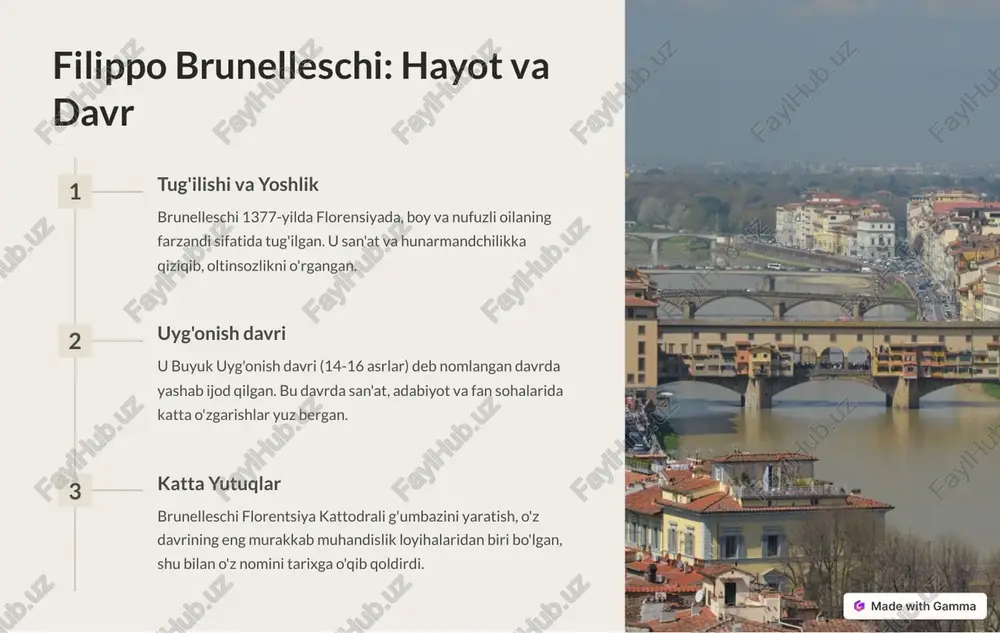 hni taklif qildi. bu g'oyasi o'sha davrda katta yutuq bo'ldi, chunki g'ishtlar yog'ochdan ancha engil va mustahkamroq edi. 2 bosqich 2 g'umbazni qurish uchun brunelleschi maxsus texnologiyalarni qo'lladi. u g'ishtlarni bir-birining ustiga qo'yish o'rniga, ularni "qopqoq" shaklida joylashtirishni taklif qildi. bu g'umbazning o'ziga xos tuzilishini shakllantirdi. 3 bosqich 3 g'umbazning yuqori qismiga chiqish uchun maxsus kran va to'rlar yaratildi, bu esa g'ishtlarni yuqori qismga olib chiqishni osonlashtirdi. https://gamma.app/?utm_source=made-with-gamma arxitektura xususiyatlari shakli g'umbaz tashqi tomondan konveks, ichki tomondan konkav shaklda qurilgan. materiallar g'umbaz g'ishtdan qurilgan va oq marmar bilan qoplangan. hajmi g'umbazning diametri 42 metr, balandligi esa 114 metrni tashkil qiladi. bu g'umbaz o'sha davrda dunyodagi eng katta g'umbazlardan biri edi. https://gamma.app/?utm_source=made-with-gamma boshqa loyihalar palazzo pitti brunelleschi palazzo pitti loyihasini ham boshqargan. bu florensiyadagi eng katta saroylardan biri bo'lib, hozirda san'at galereyasi sifatida ishlatiladi. ospedale degli innocenti brunelleschi yetim bolalar uchun mo'ljallangan ospedale degli innocenti deb nomlangan kasalxona binosini ham yaratdi. …