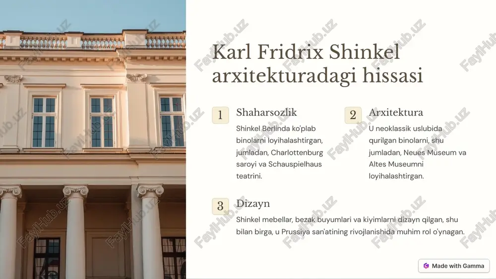 r shinkel prussiya san'atining rivojlanishida muhim rol o'ynagan. https://gamma.app/?utm_source=made-with-gamma shinkel ijodidagi yangilanish va rivojlanish jarayoni 1810 yillar charlottenburg saroyini qayta tiklash. 1820 yillar neues museum va altes museum kabi binolarni loyihalash. 1830 yillar schauspielhaus teatrini loyihalash. https://gamma.app/?utm_source=made-with-gamma shinkel loyihalarida namoyon bo'lgan mukammallik va estetika muvozanat shinkelning loyihalari mukammal simmetriya va uyğunlik bilan ajralib turadi. uyğunlik u turli xil materiallar va uslublarni uyg'unlashtirib, estetik jihatdan jozibador binolar yaratgan. go'zallik shinkelning loyihalari nafaqat funktsional, balki estetik jihatdan ham go'zaldir. https://gamma.app/?utm_source=made-with-gamma shinkel arxitekturadagi novotor yechmlar va dasturiy takliflar 1 zamonaviy materiallar shinkel o'z loyihalarida temir, shisha va beton kabi yangi materiallarni qo'llashda oldingi arxitektorlarning g'oyalarini rivojlantirgan. 2 funktsionallik u binolarning funktsional jihatlarini inobatga olgan va estetika bilan birlashtirgan. 3 davlat binolari shinkel prussiya davlati uchun ko'plab muhim binolarni loyihalashtirgan. https://gamma.app/?utm_source=made-with-gamma shinkel arxitektura maktabi va uning keyingi rivojlanishi shinkel ta'siri shinkelning ishi nemis va xalqaro arxitekturada muhim rol o'ynagan. arxitektura maktabi u o'z ishida …