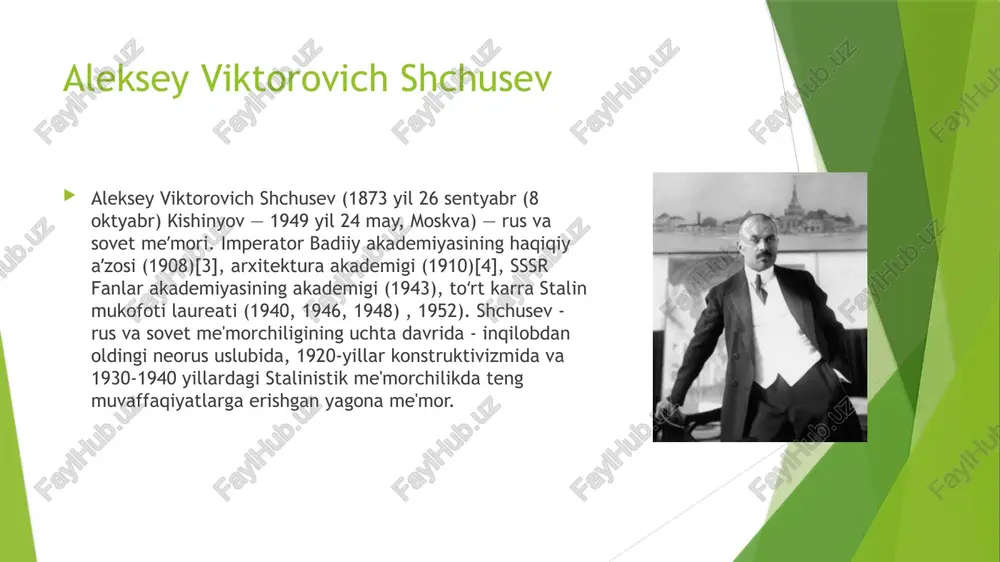 lmaota, kievda ilmiy institutlar, davlat xavfsizlik idoralari binolari va vayron qilingan shaharlarni urushdan keyingi tiklash rejalari qurildi. shchusev 1920-1930 yillarda tretyakov galereyasini kengaytirish tashkilotchisi va uning nomidagi arxitektura muzeyining yaratuvchisi. dastlabki yillar aleksey shchusev kishinyovda nafaqadagi zemstvo amaldori viktor petrovich (1824-1889) va mariya korneevna shchusev[9]ning katta oilasida tug'ilgan. ota va onasi aleksey o'n besh yoshida vafot etdi[10]. qarindoshlar va zemstvo yordami tufayli aleksey va uning ukasi pavel o'rta maktabni muvaffaqiyatli tugatib, sankt-peterburgda o'qishni davom ettirishga muvaffaq bo'ldilar[11]. to'rt aka-uka shchusev va ularning o'gay singlisi otalarining birinchi nikohidan oliy ma'lumotga ega bo'lishdi[12]. pyotr (1871-1934) shifokor va afrika tadqiqotchisi, pavel (1880-1957) qurilish muhandisi, alekseyning moskva ko'priklarini loyihalash bo'yicha yordamchisi va vafotidan keyin uning arxivini saqlovchi bo'ldi[12]. 1891 yilning yozida shchusev sankt-peterburg badiiy akademiyasiga o'qishga kirdi va kishinyov zemstvosidan yiliga 300 rubl miqdorida stipendiya oldi [13][14][15]. o'qishning dastlabki uch yilida shchusev g. i. kotov, i. e. repin va a. i. kuindji sinflarida arxitektura …