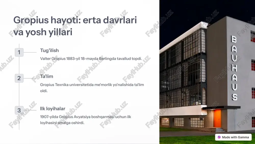 grafik dizayn bauhaus maktabi fizik shakl va raqamli elementlardan iborat yangi grafik dizayn yo'nalishlarini yaratdi. https://gamma.app/?utm_source=made-with-gamma bauhaus maktabidan so'ng gropius faoliyatlari 1 emigratsiya 1928-yilda bauhaus maktabidan istefa bergan gropius aqshga ko'chib o'tdi. 2 ilk loyihalar aqshda gropius bir qator mashhur binolar va loyihalar ustida ishlay boshladi. 3 talaba va ustoz gropius garvard universitetida me'morlik bo'limini tashkil etib, yangi avlod me'morlarni tarbiyalay boshladi. https://gamma.app/?utm_source=made-with-gamma gropius loyihalangan eng mashhur binolar fagus zavodi gropius loyihalagan eng mashhur binoklardan biri - fagus zavodidir. damstadt ko'p qavatli uylar gropius ko'p qavatli uy-joylar loyihasi bilan ham tarixga kirgan. garvard bino kompleksi gropius garvard universiteti uchun amalga oshirgan loyihalari ham mashhurdur. https://gamma.app/?utm_source=made-with-gamma gropius uslubining asosiy xususiyatlari 1 funktsionallik gropius loyihalarida foydalanish uchun qulay bo'lgan, tashqi ko'rinish va ichki makon o'zaro uyg'un bo'lgan. 2 ochiqllik gropius ma'muriy va yashash bino loyihalarida ochiq va yoritilgan makonlarni ishlab chiqardi. 3 oddiylik gropius loyihalari zamonaviy, oddiy, lekkin chiroyli ko'rinishga ega edi. …