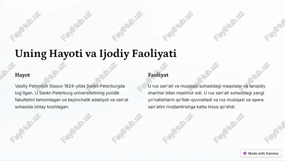 . https://gamma.app/?utm_source=made-with-gamma dizayn sohasidagi yutuqlari estetika stasov o'zining estetik qarashlari bilan rus dizaynining rivojlanishiga katta hissa qo'shgan. u go'zallik va uyg'unlikni qo'llab- quvvatlagan. funksionallik u dizayn funktsional va amaliy bo'lishi kerakligiga ishonch hosil qilgan. u amaliy jihatlarga ahamiyat bergan. milliylik u rus milliy xarakterini ko'rsatishga urinib, milliy uslubni rivojlantirishga eʼtibor qaratgan. https://gamma.app/?utm_source=made-with-gamma stasovning dizayn va satira sohasidagi ishtirokini baholash san'at tanqidi u o'zining sharhlari orqali san'at sohasidagi nuqsonlarni ochib berishga urinib, satira vositasidan foydalangan. dizayn yutuqlari u dizayn sohasidagi ijodkorlarni qo'llab-quvvatlab, ularning asarlarini ommaga yetkazishga harakat qilgan. taʼsir u o'zining sharhlari orqali jamoatchilik fikriga taʼsir ko'rsatishga harakat qilgan va juda ko'p muhokamalarga sabab bo'lgan. https://gamma.app/?utm_source=made-with-gamma stasov - teatr san'ati va adabiyot sohasidagi xizmatlari 1 teatr tanqidi u teatr san'ati sohasida muhim shaxs edi. u o'zining tanqidiy sharhlari bilan teatr san'atining rivojlanishiga hissa qo'shdi. 2 adabiy ijod u o'zining adabiy asarlari orqali rus adabiyotining rivojlanishiga hissa qo'shdi. 3 yangi g'oyalar u …