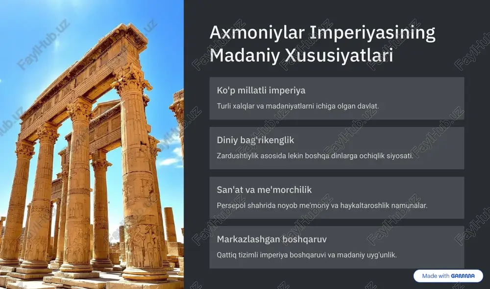od va savdoda katta ahamiyatga ega. yunon yozuvlari tarixiy hujjatlar va ilmiy manbalar sifatida. san'at asarlari badiiy va madaniy merosni aks ettiradi. https://gamma.app/?utm_source=made-with-gamma ellinizmning uzoq muddatli ta'siri 1 islom davriga ta'siri ellinizm olimlik va falsafani boyitdi. 2 yunon ilmi islom olamida rivojlandi va saqlandi. 3 madaniy meros ellinistik meros fan va madaniyatda davom etadi. 4 zamonamizdagi ta'sir hozirgi madaniyat va ilm-fanga yordam beradi. https://gamma.app/?utm_source=made-with-gamma xulosa o'zaro ta'sir axmoniylar va ellinistik an'analar birlashdi. madaniy sintez ahamiyati yangi madaniy va ilmiy yutuqlarni keltirdi. kelajak istiqbollari tadqiqotlar madaniyatlarni chuqurroq tushunishga yordam beradi. dolzarblik tarixiy madaniyatlarni o'rganish bugungi dunyoda zarur. https://gamma.app/?utm_source=made-with-gamma