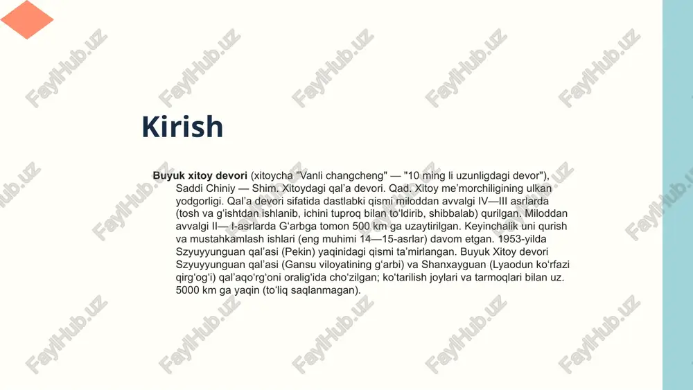 271-1368) va qing (1644-1911) asosan chegara devorlarini qurmagan, aksincha ichki osiyo tahdidiga qarshi harbiy kampaniya va diplomatiya kabi boshqa echimlarni tanlashgan. bosqinlarga qarshi foydali to'siq bo'lsa-da, buyuk devor o'zining butun tarixi davomida dushmanlarni to'xtata olmadi, shu jumladan 1644 yilda manchu qing darvozalaridan o'tib ketdi shanxay dovoni va devor quruvchi sulolalar ichida eng ashaddiy minni xitoy hukmdorlari sifatida almashtirdi. bugungi kunda ko'rinadigan buyuk xitoy devori asosan ming sulolasidan kelib chiqadi, chunki ular devorning katta qismini tosh va g'isht bilan tikladilar, ko'pincha bu chiziqni qiyin erlar orqali kengaytirdilar. ba'zi bo'limlar nisbatan yaxshi holatda yoki yangilangan, boshqalari mafkuraviy sabablarga ko'ra buzilgan yoki yo'q qilingan, qurilish materiallari uchun bezatilgan, yoki vaqt buzuqligi tufayli yo'qolgan. chet elliklar uchun uzoq vaqtdan buyon hayratga soladigan narsa, endi devor hurmatga sazovor bo'lgan milliy ramz va mashhur sayyohlik maskani hisoblanadi. geografik mulohazalar zamonaviy siyosiy chegaralarga ega bo'lgan xitoyning shimoliy chegara hududining topografik xaritasi. manchuriya, belgilanmagan, sharqda joylashgan ichki mo'g'uliston. …