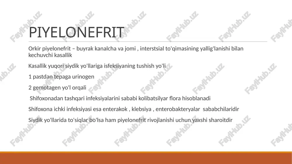 eriuriyaning mavjudligi muhim ahamiyatga ega. o'tkir piyelonefritga chalingan ayrim bemorlar siydigida uncha yugori bo'imagan proteinuriya, ayrim holarda esa gèmaturiya aniqlanishi mumkin. bemorlarda albatta nechiporenko tekshirish usullaridan birini o'tkazish lozim. bemorlarni 1 ml siydigidagi bakteriyalar sonini 100 000 dan ko pligi piyelonefrit tashhisini ishonchli belgisi hisoblanadi. shuningdek, siydikni ekish kasallikka olib kelgan etiologik omilni aniqlash imkonini beradi. umumiy qon tahlilida leykotsitoz, echt oshishi, biokimyoviy tahlilda esa s-reaktiv oqsilni paydo bo'lishi ko'zatiladi. utt buyrak naychalarining kengayishi va jomchalar deformatsiyasi, keyinroq buyrak parenximasi galinligining kamayishi aniqlanadi. davolash davolash chora-tadbirlari bemorning umumiy ahvolidan kelib chiqib amalga oshiriladi. birinchi kunlari yotoq tartibi, ko'p miqdorida suyuqlik ichish (bemorda shishlar ko' zatilmasa) va yugori kalloriyali ovatiar buyuriladi. shuningdek, piyelonefrit tashhisiga shubha bo'lgan kundan boshlab keng spektr ta'sirga ega bo'lgan antibiotiklar va uroseptiklar buyuriladi. yugoridagidan tashqari yaqqol namoyon bolgan intoksikatsiya belgilarida tomir ichiga dezintoksikatsiyalovchi suyuqliklar quyiladi, og'riqlarda esa spazmolitiklar qo'llaniladi. profilaktikasi. organizmdagi o'choqli infeksiyalarni bartaraf etish, shaxsiy sanitariya …