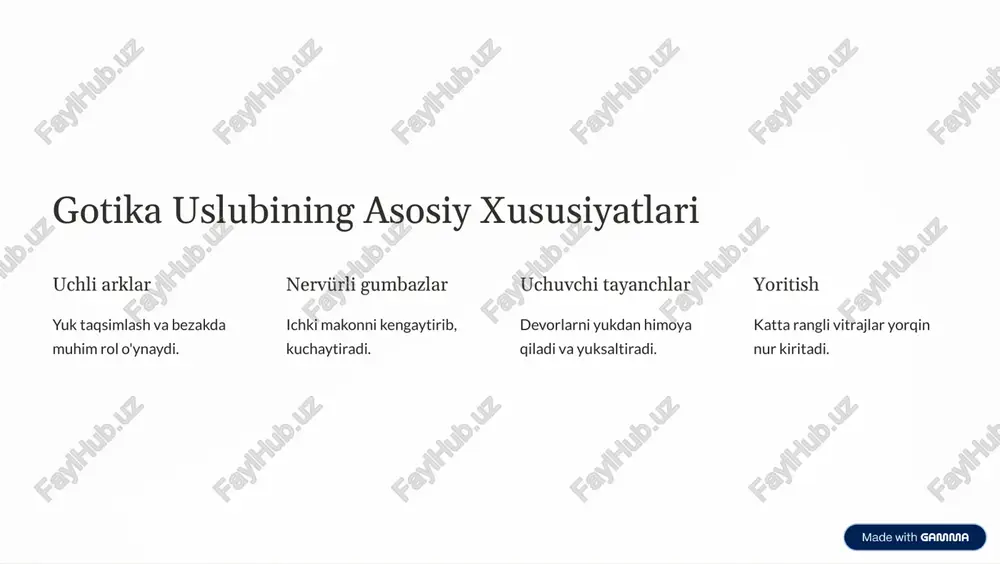 siena sobori o'ziga xos bezak va mahalliy uslub. farqlar romanesk elementlari va tabiiy marmar ishlatiladi. https://gamma.app/?utm_source=made-with-gamma gotika arxitekturasining merosi davrlar ta'siri gotika keyingi uslublarga ilhom manbai bo'ldi. neo-gotika 19-asrda gotika qayta ommalashdi. zamonaviy qo'llanilishi ko'plab yangi binolarda gotika elementlari mavjud. https://gamma.app/?utm_source=made-with-gamma xulosa 1 madaniy ahamiyat insoniyat tarixidagi muhim arxitektura davri. 2 merosi kelajak avlod uchun saqlash va tadqiq qilish zarur. 3 rahmat taqdimotimizni tinglaganingiz uchun minnatdormiz. https://gamma.app/?utm_source=made-with-gamma