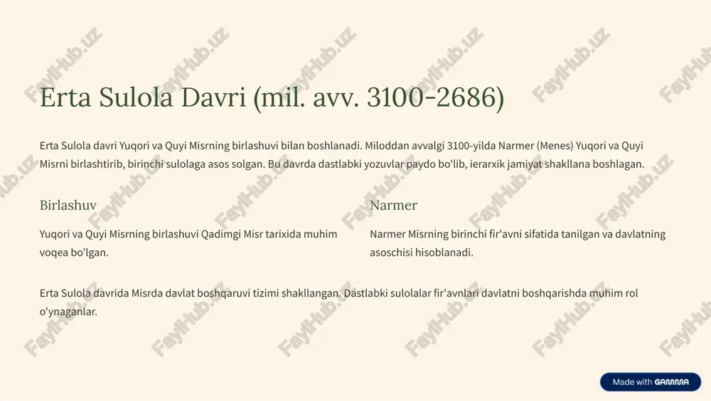 tlari bo'lgan. bu davrda misr iqtisodiy va siyosiy jihatdan gullab- yashnagan. https://gamma.app/?utm_source=made-with-gamma birinchi o'tish davri (mil. avv. 2181-2055) birinchi o'tish davri - markaziy hokimiyatning zaiflashuvi, mahalliy hukmdorlarning kuchayishi va iqtisodiy beqarorlik davri. bu davrda misrda siyosiy va ijtimoiy taranglik hukm surgan. zaif hokimiyat markaziy hokimiyatning zaiflashuvi mahalliy hukmdorlarning kuchayishiga olib kelgan. beqarorlik iqtisodiy va siyosiy beqarorlik birinchi o'tish davrining asosiy xususiyatlari bo'lgan. mahalliy hukmdorlarning kuchayishi davlatning bo'linishiga va zaiflashuviga olib kelgan. bu davrda misr iqtisodiy jihatdan qiyin ahvolga tushgan. https://gamma.app/?utm_source=made-with-gamma o'rta podshohlik (mil. avv. 2055-1650) o'rta podshohlik - thebes poytaxt sifatida tanilgan, fir'avnlar mentuhotep ii va amenemhat i hukmronlik qilgan davr. bu davrda iqtisodiy yuksalish va madaniyatning rivojlanishi kuzatilgan. 1 thebes thebes o'rta podshohlikning poytaxti bo'lgan va muhim diniy markaz hisoblangan. 2 mentuhotep ii mentuhotep ii birinchi o'tish davrini tugatgan va davlatni birlashtirgan. 3 amenemhat i amenemhat i o'rta podshohlikning asoschisi hisoblanadi va davlatni mustahkamlagan. iqtisodiy yuksalish va madaniyatning rivojlanishi …