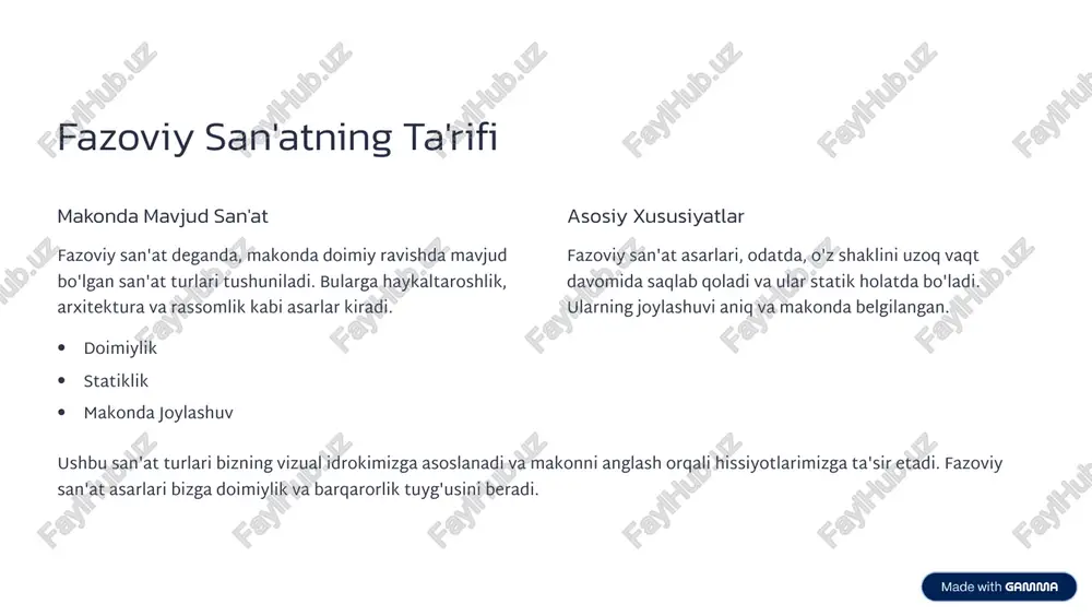 atning ikkala turi ham ijodiy ifoda vositasi sifatida xizmat qiladi. ular insonning ichki dunyosini, hissiyotlarini va fikrlarini tashqi dunyoga chiqarishga yordam beradi. inson hissiyotlariga ta'sir ikkala tur ham inson hissiyotlariga kuchli ta'sir ko'rsatadi. ular bizni xursand qilishi, qayg'uga solishi, hayratga tushirishi yoki o'ylantirishi mumkin. san'at bizning hissiy holatimizni o'zgartirish qobiliyatiga ega. madaniy ahamiyatga egalik ikkala tur ham madaniy ahamiyatga ega. ular jamiyatning qadriyatlarini, tarixini va an'analarini aks ettiradi. san'at madaniyatni saqlash va rivojlantirishda muhim rol o'ynaydi. ritmni haykalda ham, musiqada ham topish mumkin. har bir san'at asari o'zida muayyan ritmga ega bo'lib, u asarning umumiy ta'sirini kuchaytiradi. https://gamma.app/?utm_source=made-with-gamma makon va vaqtning integratsiyasi 1 ba'zi san'at turlari ba'zi san'at turlari makon va vaqtni birlashtirib, yangi va noyob shakllarni yaratadi. teatr, raqs va performans san'ati shular jumlasidandir. 2 teatr teatr - bu makonda sodir bo'ladigan vaqtli san'atdir. aktyorlar sahnada harakatlanib, voqeani vaqt davomida namoyish etadilar. 3 raqs raqs - bu makonda harakatlanuvchi …