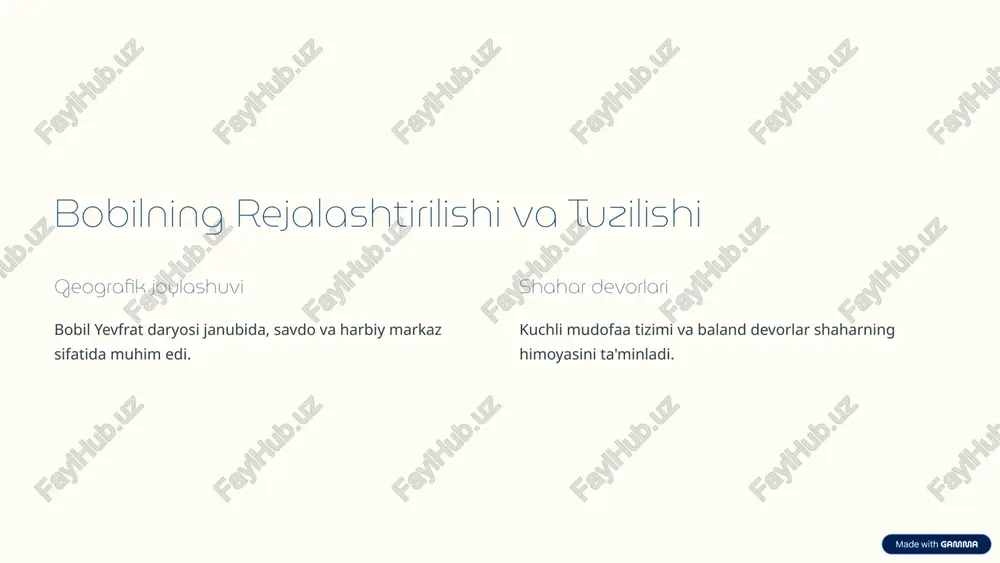 osi har bir rang ma'naviy mazmun va himoyani ifodalaydi. 8 yangi bobil me'morchiligining merosi ta'sirlar keyingi tsivilizatsiyalar me'morchilik uslublarini olgan. arxeologiya qazishmalar tarix va madaniyatni ochib beradi. madaniy meros bobil yodgorliklari jahonning tarixiy merosi hisoblanadi. 9 xulosa: bobilning ulug'vorligi 1 yutuqlar me'morchilikda innovatsiyalar va majmualar yaratildi. 2 ahamiyat tarix va madaniyatda chuqur iz qoldirdi. 3 kelajak uchun bobil merosi ilhom va o'rganish manbai sifatida qoladi. 10 image1.png image2.png image3.png image4.png image5.png image6.png image7.png image8.png image9.png image10.png image11.png image12.png image13.png image14.png image15.png