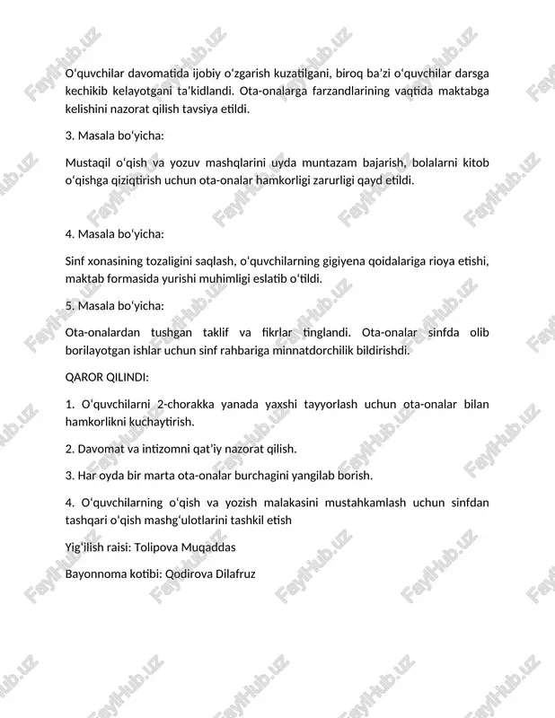 l etish yig‘ilish raisi: tolipova muqaddas bayonnoma kotibi: qodirova dilafruz