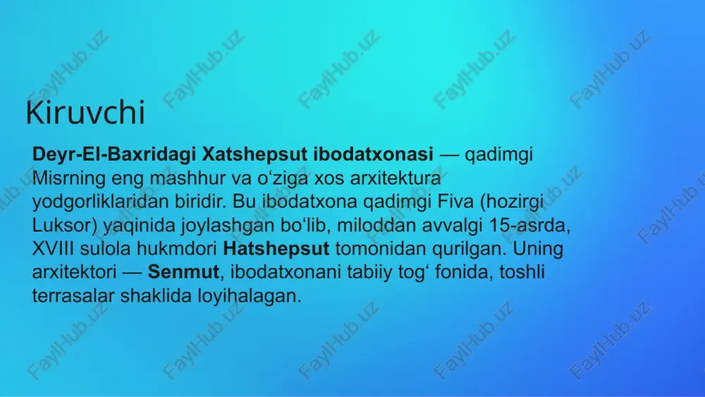 kesimli ustunlar qo‘llab-quvvatlaydi. ustunlar to‘g‘ri chiziqli portiklar hosil qiladi. b. rampalar: rampalar ibodatxonaning pastki darajasidan yuqoriga olib chiqadi. har bir terrasaga chiqish uchun yo‘lak (rampa) markazdan o‘tadi. c. devoriy rasmlar va rel’eflar: devorlarda xatshepsutning ilohiy tug‘ilishi, savdo ekspeditsiyasi (punt yurti) tasvirlangan. devorlar ohaktoshdan yasalgan, chiroyli ranglar bilan bezatilgan. d. zal va muqaddas joylar: ichki qismlarida ibodatxonaning asosiy zallari va xudolarga atalgan xona (sanctuary) joylashgan. markaziy xona amon-ra xudosiga bag‘ishlangan. konstruktiv elementlar: arxitekturaviy elementlar xatshepsut ibodatxonasi xarakterli arxitekturaviy elementlarga ega. ularning ichida g'ayrioddiy portiklar, uzun ustunlar va dastlabki madaniyat elementlaridan foydalanish misollarini ko'rish mumkin. portiklar uslubi ibodatxonaning yirik xilma-xilligini ko'rsatadi. ular, o'z navbatida, ibodatxonaning dizaynida dinamik va simmetrik xususiyatlarni keltirib chiqaradi. ibodatxonada ishlatilgan materiallar o'z davrining yangiliklarini va texnologik yutuqlarini ko'rsatadi. asosiy material sifatida toshlar, g'ishtlar va marmar ishlatilgan. ular yuqori sifatli ishlov berishdan o’tgan va uzoq muddat xizmat qilishga qodir. bunday materiallardan foydalanish, ibodatxonaning mustahkamligini va doimiyligini ta'minlagan. materiallar va …