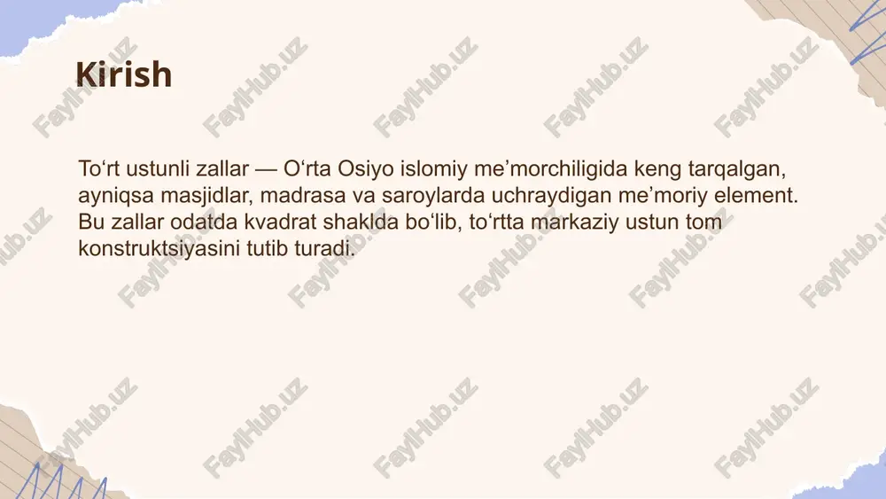 sifatida paydo bo'lgan. tashqi ta'sirlar va uslublar oʻrta osiyo, yevropa va osiyo qismlaridagi me'morlik uslublaridan ta'sirlangan. xitoy, hindiston va eropaning tarixi va arxitekturasi oʻrta osiyodagi me'morchilik keng ko'lamli o'zgarishlarga olib keldi. bu ta'sirlar uslublar, shakllar va materiallarda o'z aksini topdi. mahalliy materiallar va texnologiyalar oʻrta osiyo me'morchiligida mahalliy materiallar, masalan, g'isht, tosh va yog'och keng qo'llanilgan. quyoshdan quritilgan g'ishtlar va tabiiy toshlar an'anaviy binolarni qurishda asosiy materiallar hisoblanadi. ushbu qurilish texnologiyalari mahalliy iqlimga mos keladigan uslublar yaratishda muhim rol o'ynagan. xix asr oxiri – xx boshlarida: an’anaviy sharqona uslub: g‘ishtli devorlar, mayolika bilan bezaklar, peshtoqli kirishlar. rossiya imperiyasi ta’siri: chor rossiyasi davrida qurilgan binolarda rus klassikasi va barokko elementlari (masalan, toshkentda muxandislar uyushmasi binosi). sovet davri (xx asr): sotsrealizm: keng ko‘lamli, monumentallik, xalqparvarlik g‘oyasini ifodalovchi binolar. masshtabli jamoat binolari: oliy o‘quv yurtlari, teatrlar, mehnat saroylari. oʻzbekiston shaharlari me’morchiligi (xix–xx asr): shahar rivojlanishi shahar rivojlanishi, xix-xx asrlarda intensiv ravishda sodir bo'lgan. …