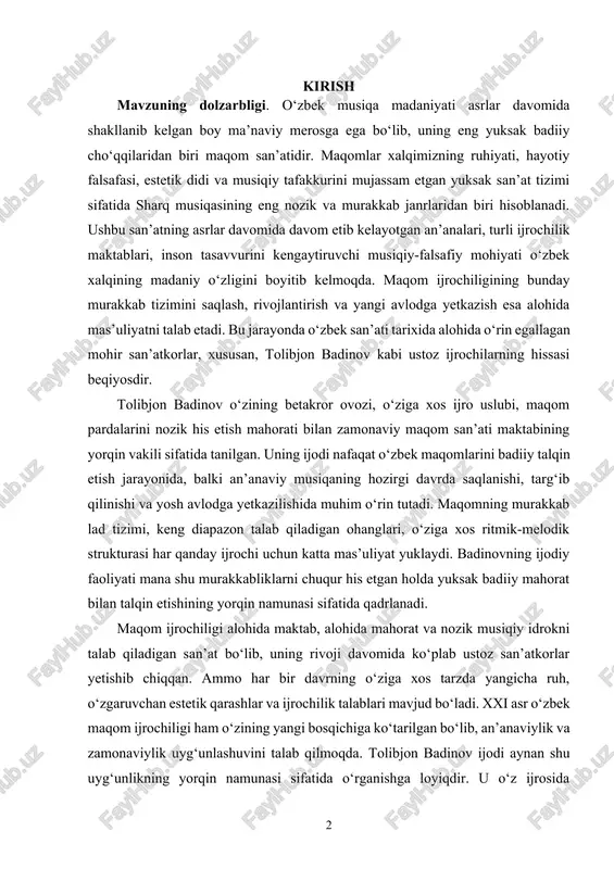 , balki an’anaviy musiqaning hozirgi davrda saqlanishi, targ‘ib qilinishi va yosh avlodga yetkazilishida muhim o‘rin tutadi. maqomning murakkab lad tizimi, keng diapazon talab qiladigan ohanglari, o‘ziga xos ritmik-melodik strukturasi har qanday ijrochi uchun katta mas’uliyat yuklaydi. badinovning ijodiy faoliyati mana shu murakkabliklarni chuqur his etgan holda yuksak badiiy mahorat bilan talqin etishining yorqin namunasi sifatida qadrlanadi. maqom ijrochiligi alohida maktab, alohida mahorat va nozik musiqiy idrokni talab qiladigan san’at bo‘lib, uning rivoji davomida ko‘plab ustoz san’atkorlar yetishib chiqqan. ammo har bir davrning o‘ziga xos tarzda yangicha ruh, o‘zgaruvchan estetik qarashlar va ijrochilik talablari mavjud bo‘ladi. xxi asr o‘zbek maqom ijrochiligi ham o‘zining yangi bosqichiga ko‘tarilgan bo‘lib, an’anaviylik va zamonaviylik uyg‘unlashuvini talab qilmoqda. tolibjon badinov ijodi aynan shu uyg‘unlikning yorqin namunasi sifatida o‘rganishga loyiqdir. u o‘z ijrosida an’anaviy makom ijrochiligi me’yorlarini chuqur o‘zlashtirgan bo‘lishiga qaramay, zamonaviy sahnaviy madaniyat, musiqiy texnika va talqin jarayonlariga moslashgan holda faoliyat yuritadi. zamonaviy musiqa ta’limi tizimi, …