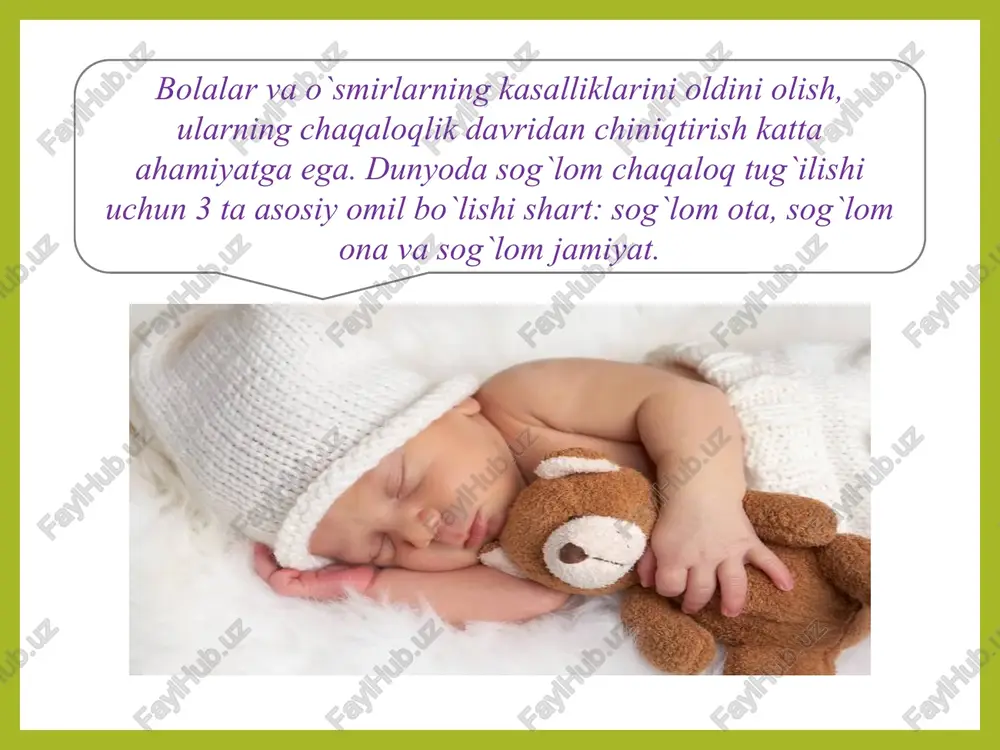 sarg`ayib turishi, jigar va toloqning kattalashuvi, keskin anemiya borligi (gemoglabin 30-60 gramm/ litr) aniqlanadi. sariqlik formasi xammadan ko`ra ko`proq uchraydi. kasallikning dastlabki simptoplari bolaning sariq bo`lishidir. sariqlik bola tug`ilgandan keyin darrov 1chi 2 chi kuni paydo bo`lib tez kuchayib boradi jigar taloq kattalashadi. qonda anemiya va bilirubin miqdori ko`payib ketganligi aniqlanadi. anemik formasida bolalar ranglar bo`shashgan bo`ladi, ko`krakni yaxshi emmaydi, jigar va taloq kattalashadi, qonda anemiya kuzatiladi. ensefalopatiya chaqaldoqlar kasalliklarida markaziy nerv sistemalarining zararlanishi - ensefalopatiya katta o`rinni egallaydi. uningasosiy sabablaridan biri bola ona qornida rivojlanish vaqtida va tug`ruq akti mahalida noqulay sharoitlar paydo bo`lib qolishidir. xayotning birinchi xaftasida o`lib ketadigan chaqaloqlarning taxminan 50% ni entefalopatiya bilan tug’ilgan bolalar tashkil qiladi. terini bichilishi chaqaloqlar xayotning dastlabki kunlarida ko`pincha dumba, jinsiy organlar soxasidagi teri, shuningdek teri to`qimalari bichiladi. bichilishining nechog`lik tarqalishiga qarab 3 darajasi qayd qilinadi 1chi darajali bichilishda terining butunlig buzilmaydi. 3chi darajali ko`p - qizarib ketgan teri yuzining ancha …