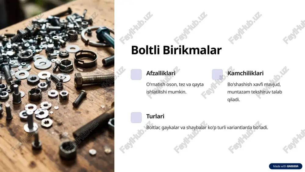 , torlash va tekshirish ketma-ketligi. 2 tortish usullari moment kaliti va burchak usuli orqali tortish. 3 xavfsizlik tortishni nazorat qilib, bo'shashishni oldini olish. 8 parchinli birikmalarni o'rnatish o'rnatish bosqichlari tayyorlash va parchinlash jarayonlari. o'rnatish usullari sovuq va issiq parchinlash texnologiyalari. xavfsizlik qoidalari maxsus asboblardan foydalanishda ehtiyotkorlik. 9 xulosa asosiy xususiyatlar bolt va parchin birikmalarining afzalliklari va qo'llanilishi. loyiha va hisoblash material, yuk va sonni to'g'ri tanlash muhim. xavfsizlik o'rnatishda normalarni qat'iy bajarish talab qilinadi. savollar mavzu bo'yicha savol-javob uchun tayyormiz. 10 image-1002-1.png image-1-1.png image-1003-1.png image-2-1.png image-1004-1.png image-3-1.png image-1005-1.png image-1006-1.png image-5-1.png image-5-2.png image-5-3.png image-5-4.png image-1007-1.png image-6-1.png image-1008-1.png image-7-1.png image-1009-1.png image-8-1.png image-1010-1.png image-9-1.png image-1011-1.png image-10-1.png